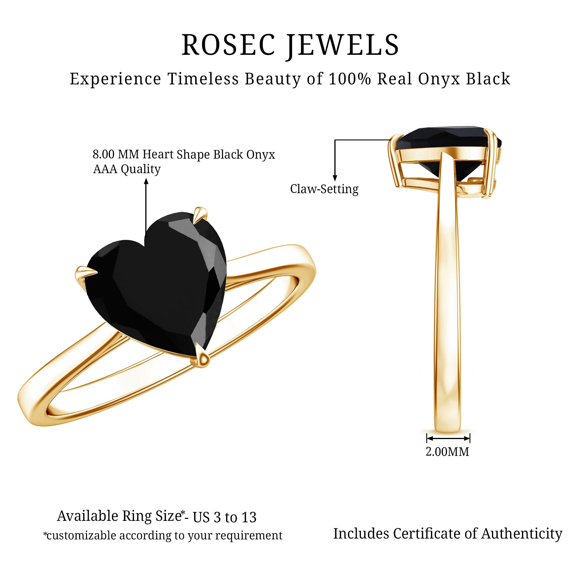 Solitaire Black Onyx Heart Promise Ring for Women AAA - Rosec Jewels