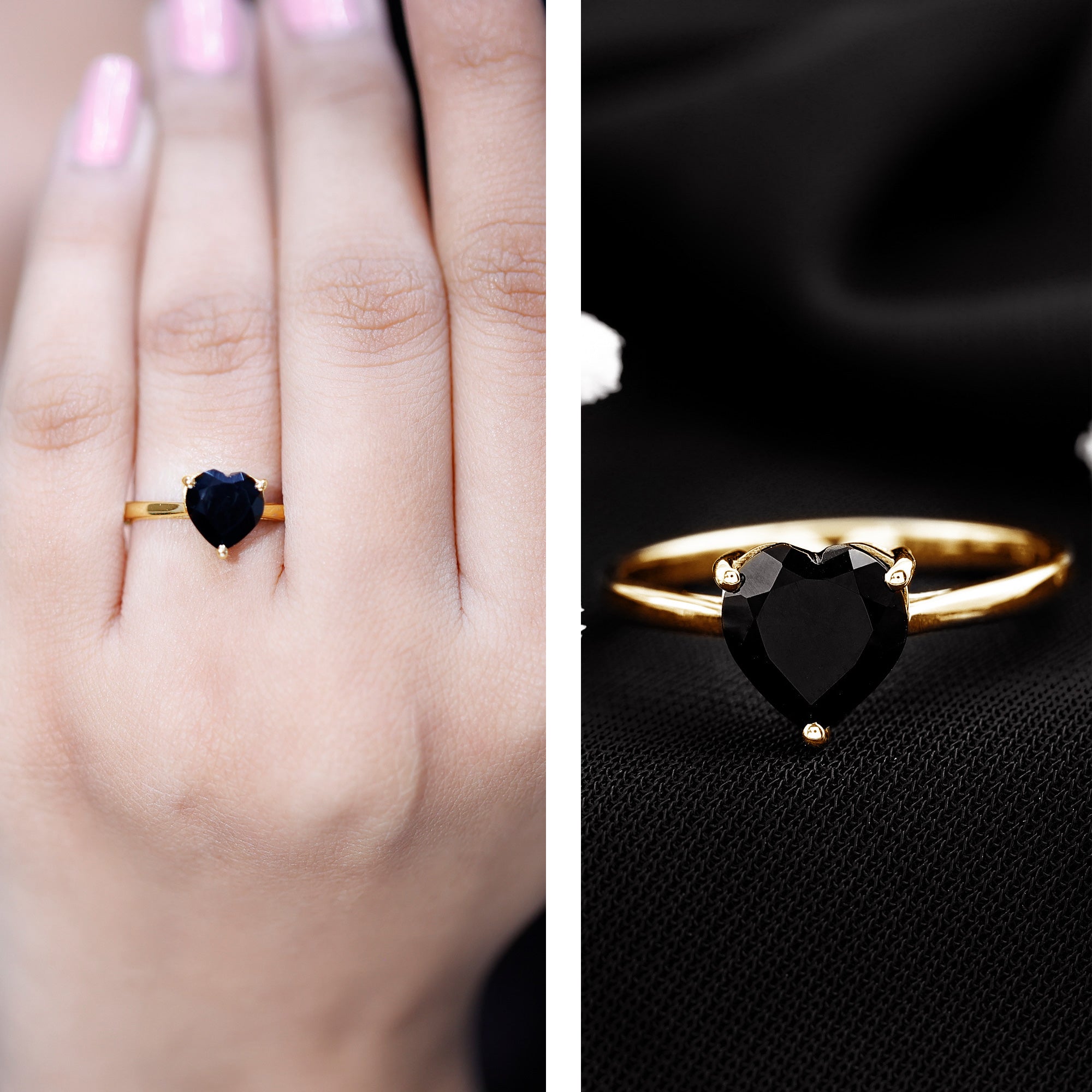 Solitaire Black Onyx Heart Promise Ring for Women AAA - Rosec Jewels