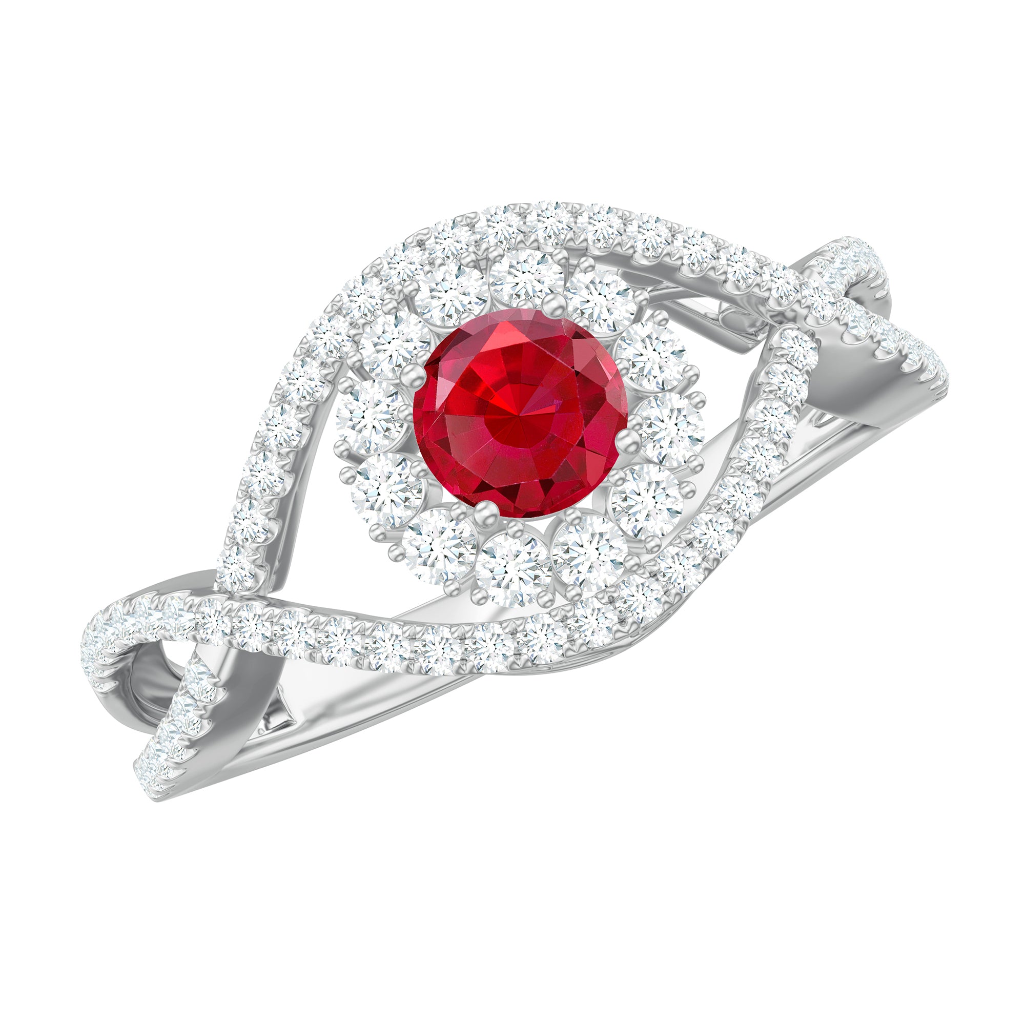 Certified Lab Ruby and Diamond Crossover Engagement Ring with Halo AAAA - Rosec Jewels