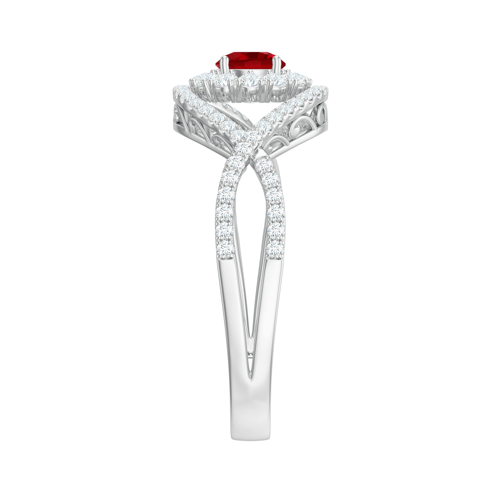 Certified Lab Ruby and Diamond Crossover Engagement Ring with Halo AAAA - Rosec Jewels