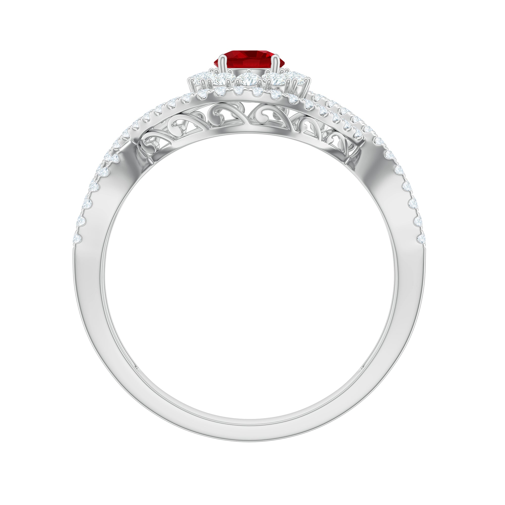 Certified Lab Ruby and Diamond Crossover Engagement Ring with Halo AAAA - Rosec Jewels