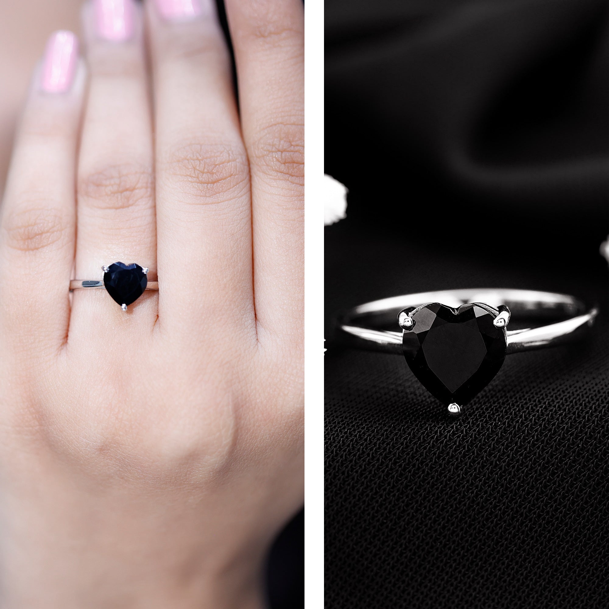 Heart Shaped Created Black Diamond Solitaire Promise Ring AAAA ( Synthetic ) - Rosec Jewels