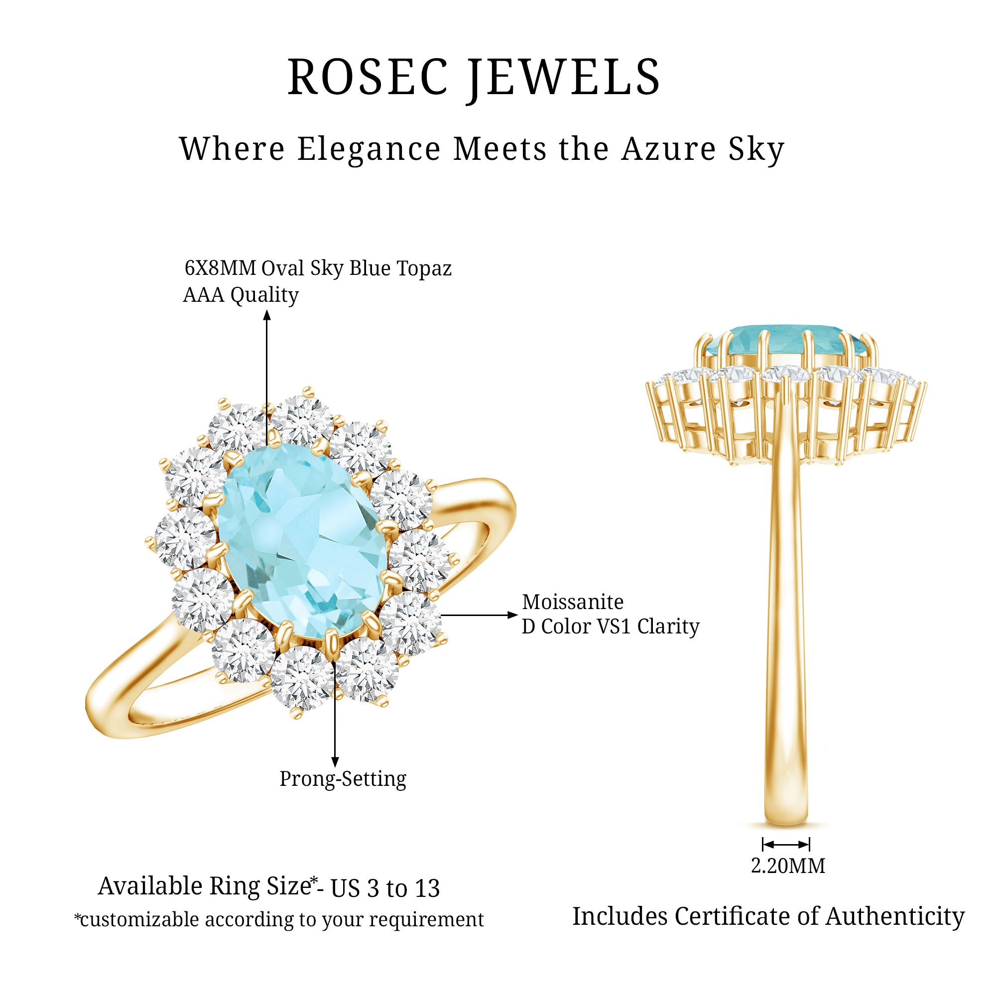 Genuine 1 Carat Sky Blue Topaz Oval Engagement Ring with Certificate AAA 14K Yellow Gold Plated Silver - Rosec Jewels