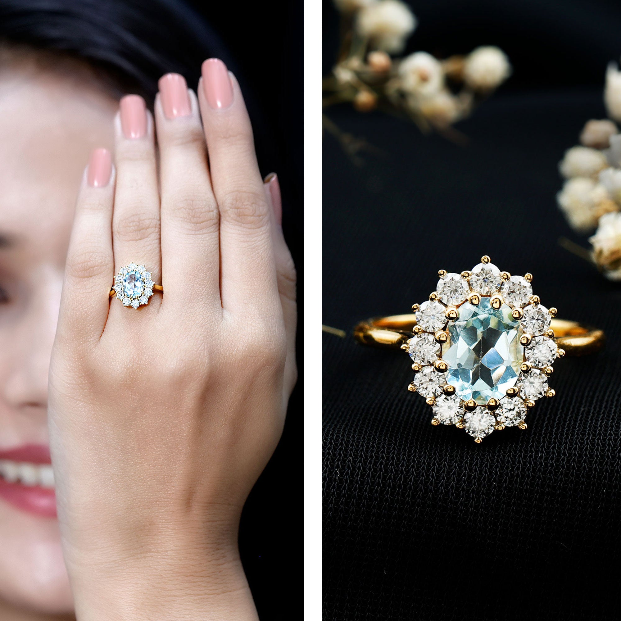 Genuine 1 Carat Sky Blue Topaz Oval Engagement Ring with Certificate AAA 14K Yellow Gold Plated Silver - Rosec Jewels