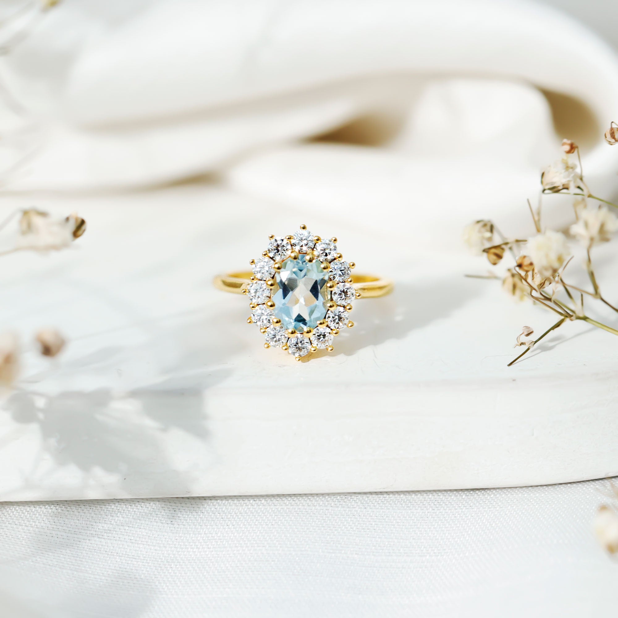 Genuine 1 Carat Sky Blue Topaz Oval Engagement Ring with Certificate AAA 14K Yellow Gold Plated Silver - Rosec Jewels