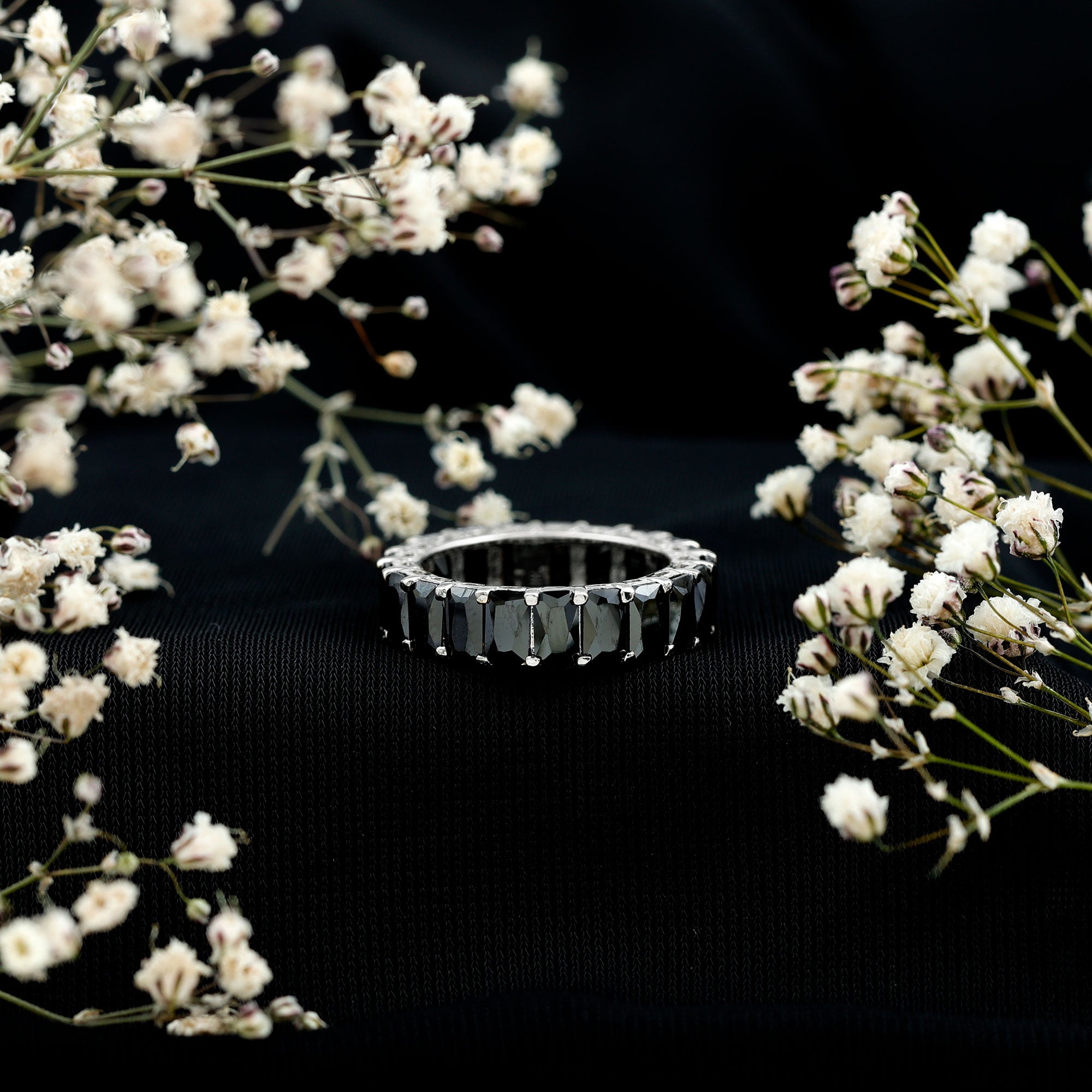 Black Onyx Emerald Cut Eternity Band in Shared Prong Setting AAA - Rosec Jewels