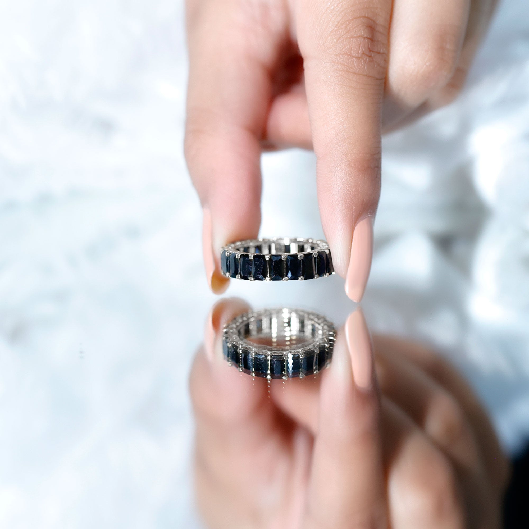 Black Onyx Emerald Cut Eternity Band in Shared Prong Setting AAA - Rosec Jewels
