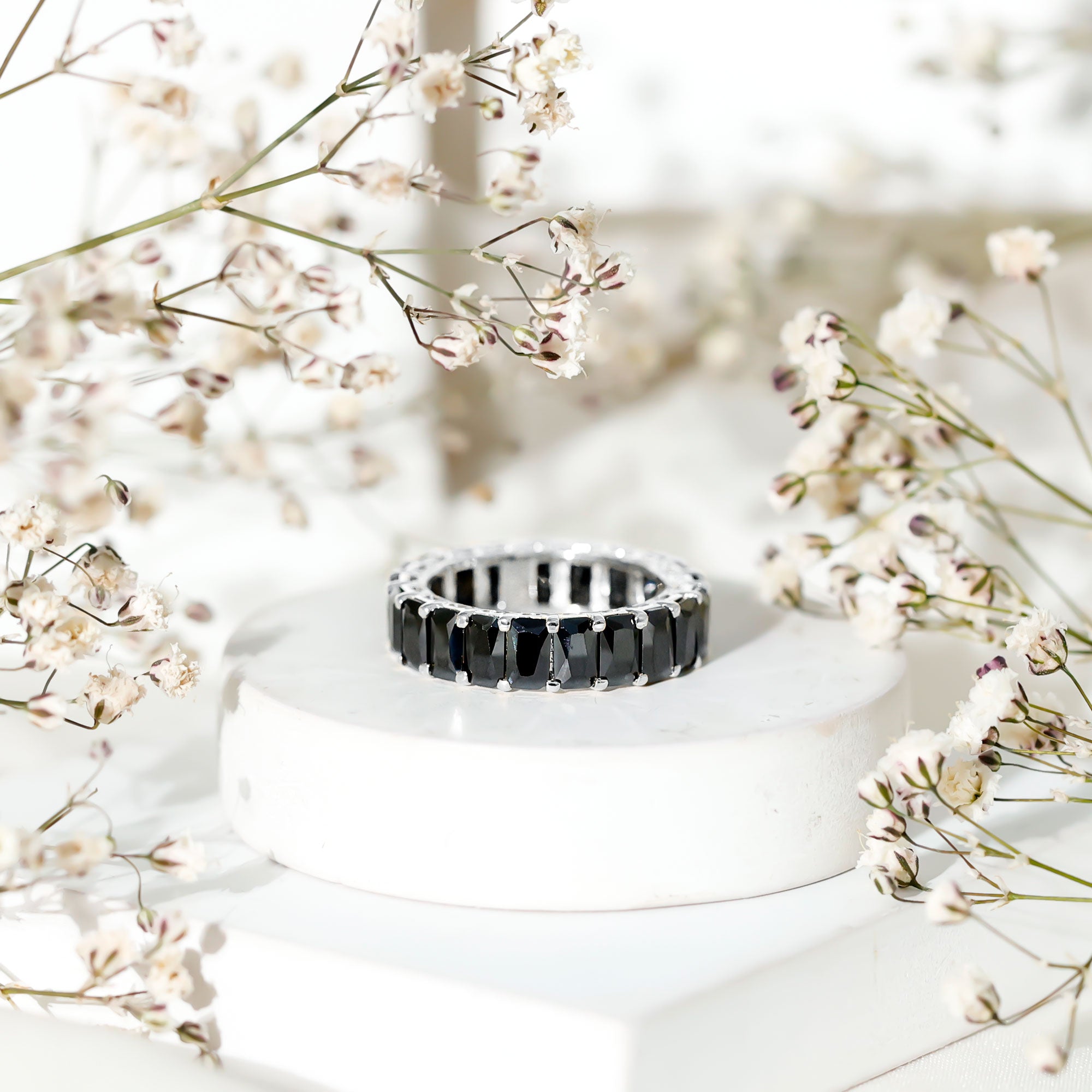 Black Onyx Emerald Cut Eternity Band in Shared Prong Setting AAA - Rosec Jewels