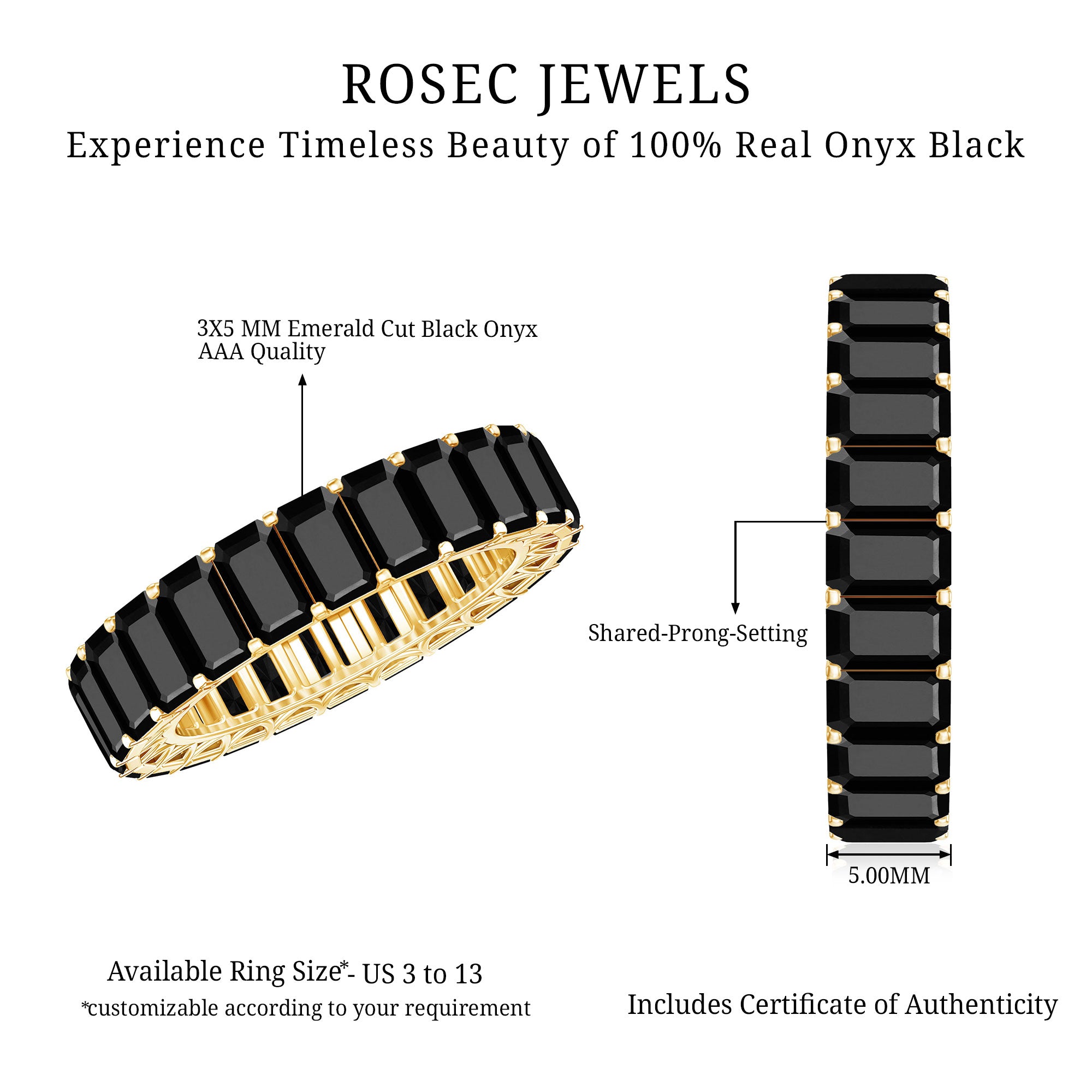 Black Onyx Emerald Cut Eternity Band in Shared Prong Setting AAA - Rosec Jewels