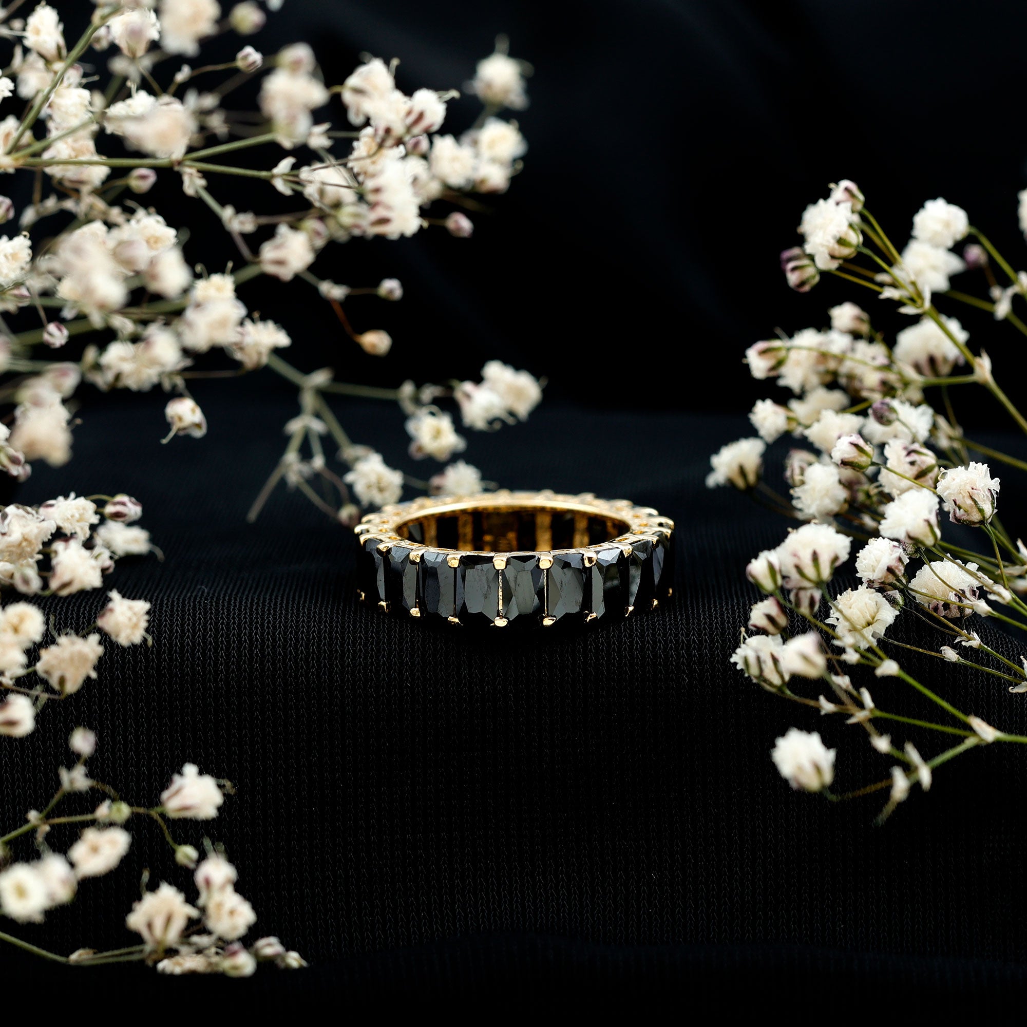 Black Onyx Emerald Cut Eternity Band in Shared Prong Setting AAA - Rosec Jewels