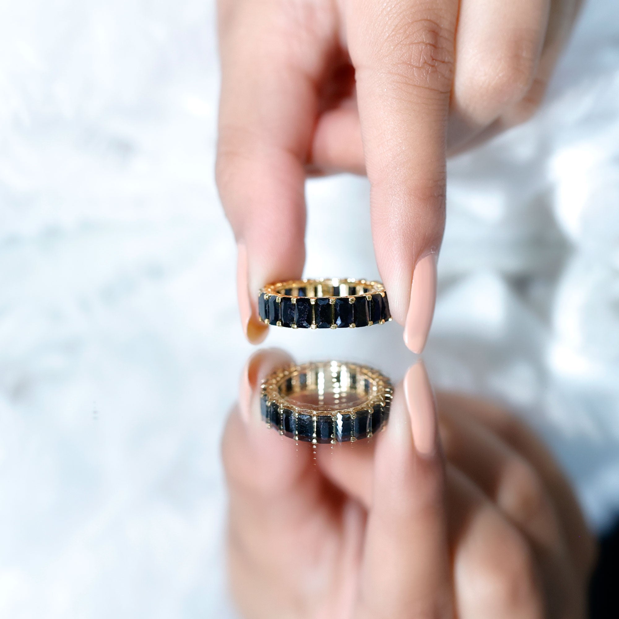 Black Onyx Emerald Cut Eternity Band in Shared Prong Setting AAA - Rosec Jewels