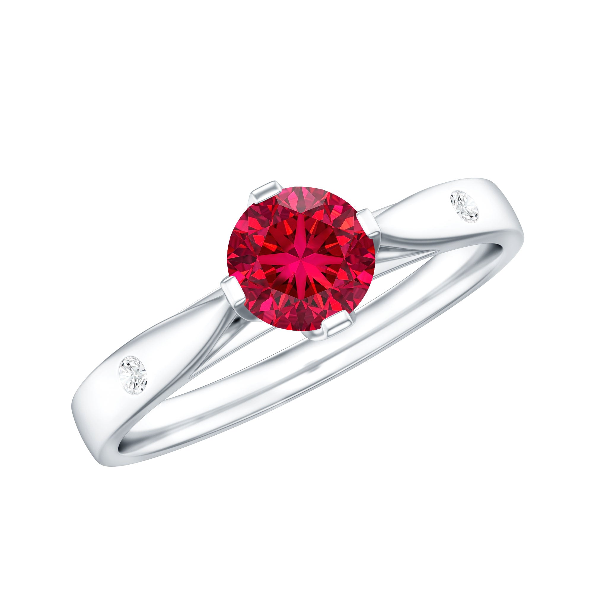 Round Lab Grown Ruby Solitaire Ring with Diamond AAAA - Rosec Jewels