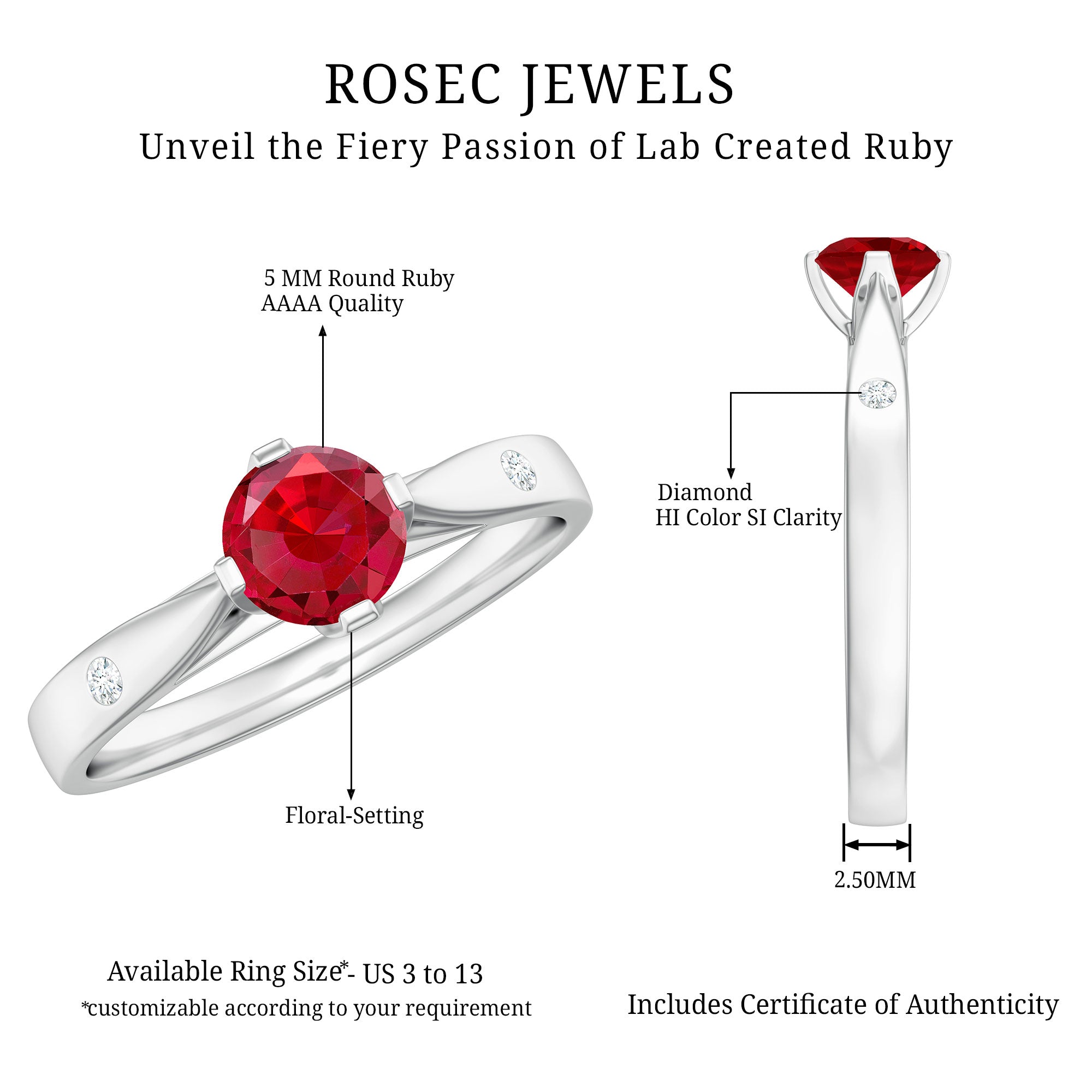 Rosec Jewels-Round Lab Grown Ruby Solitaire Ring with Diamond