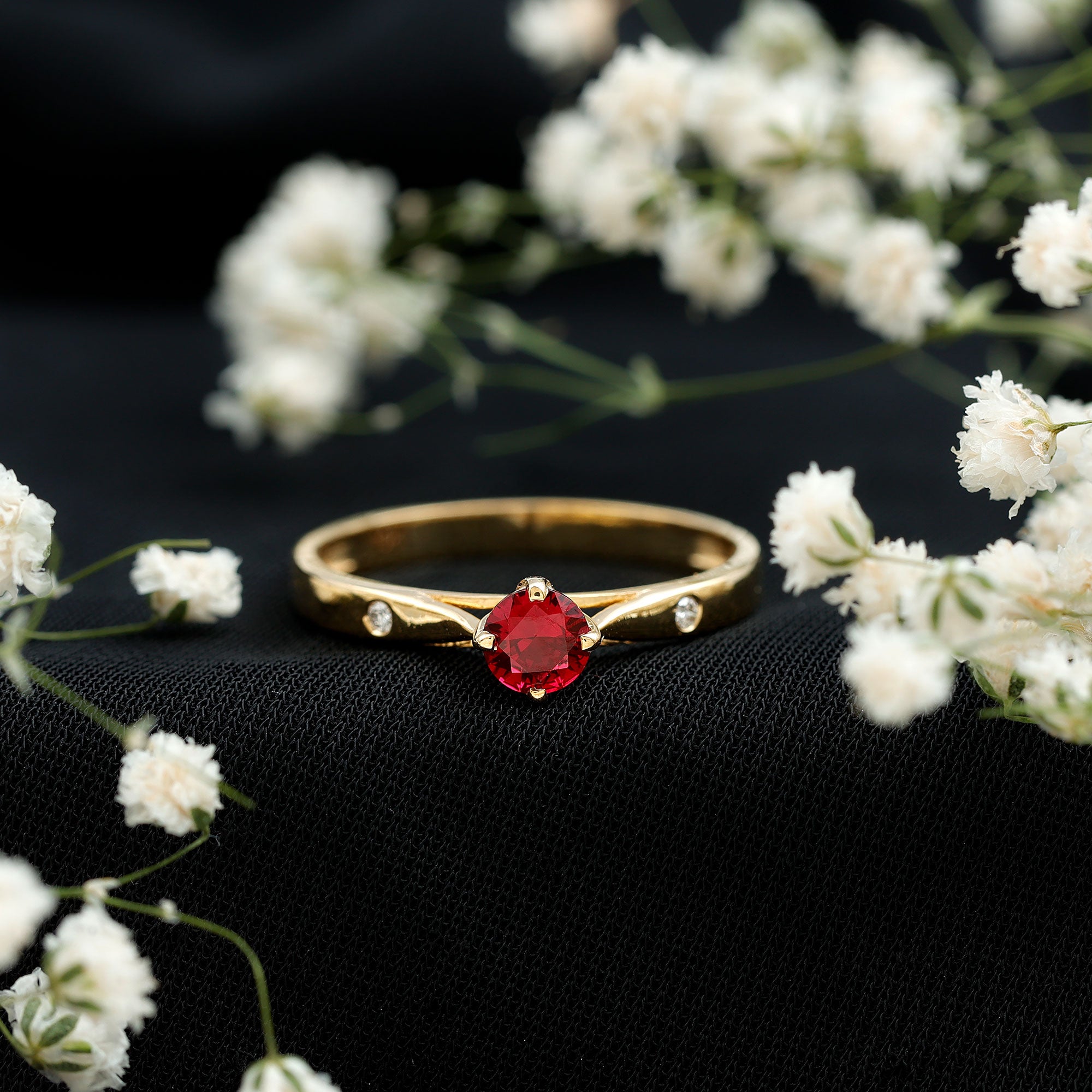 Round Lab Grown Ruby Solitaire Ring with Diamond AAAA - Rosec Jewels