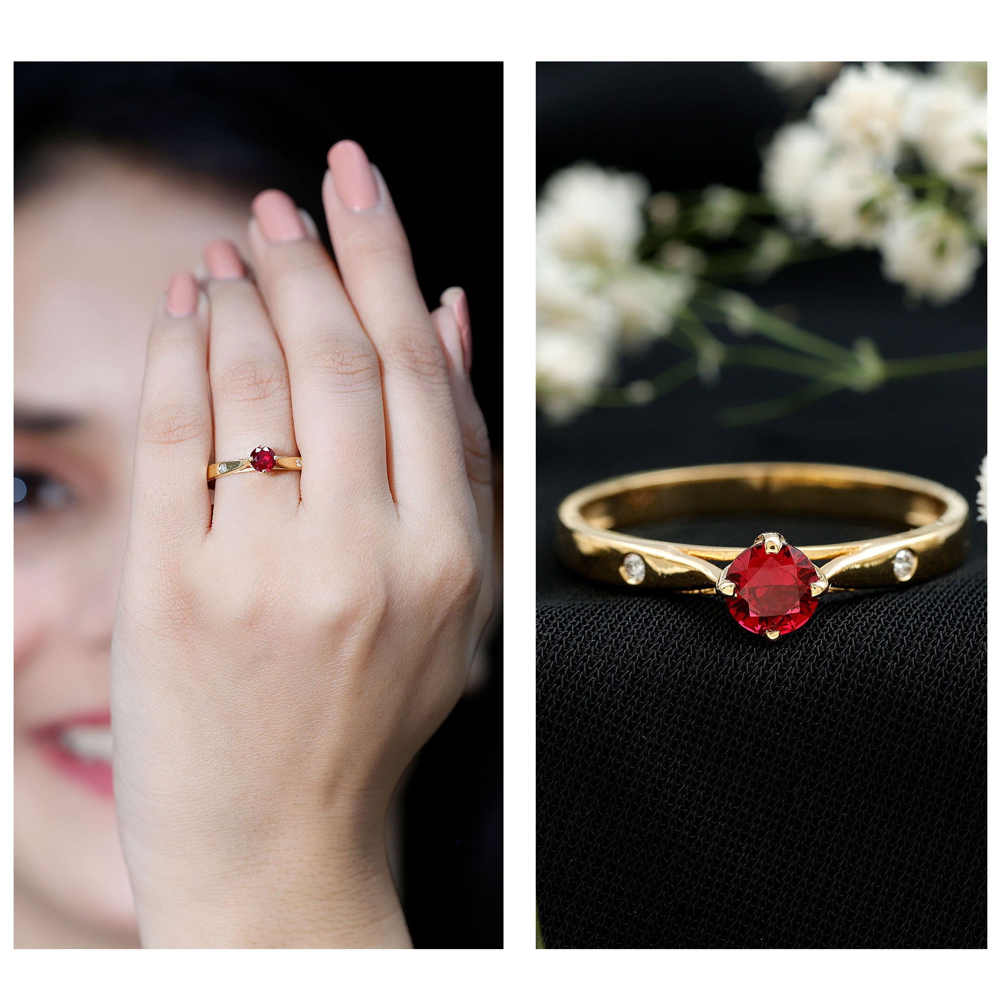Rosec Jewels-Round Lab Grown Ruby Solitaire Ring with Diamond