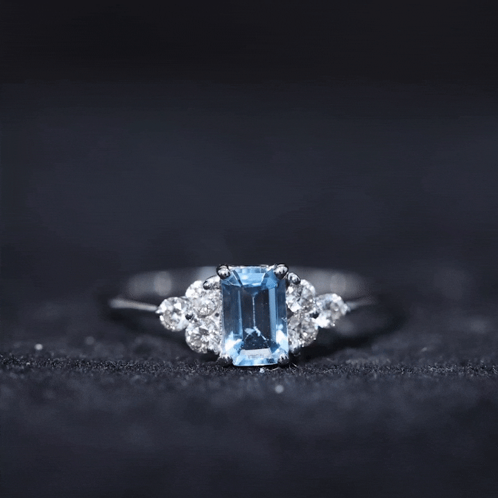 Aquamarine Emerald Cut Engagement Ring with Diamond Trio AAA - Rosec Jewels