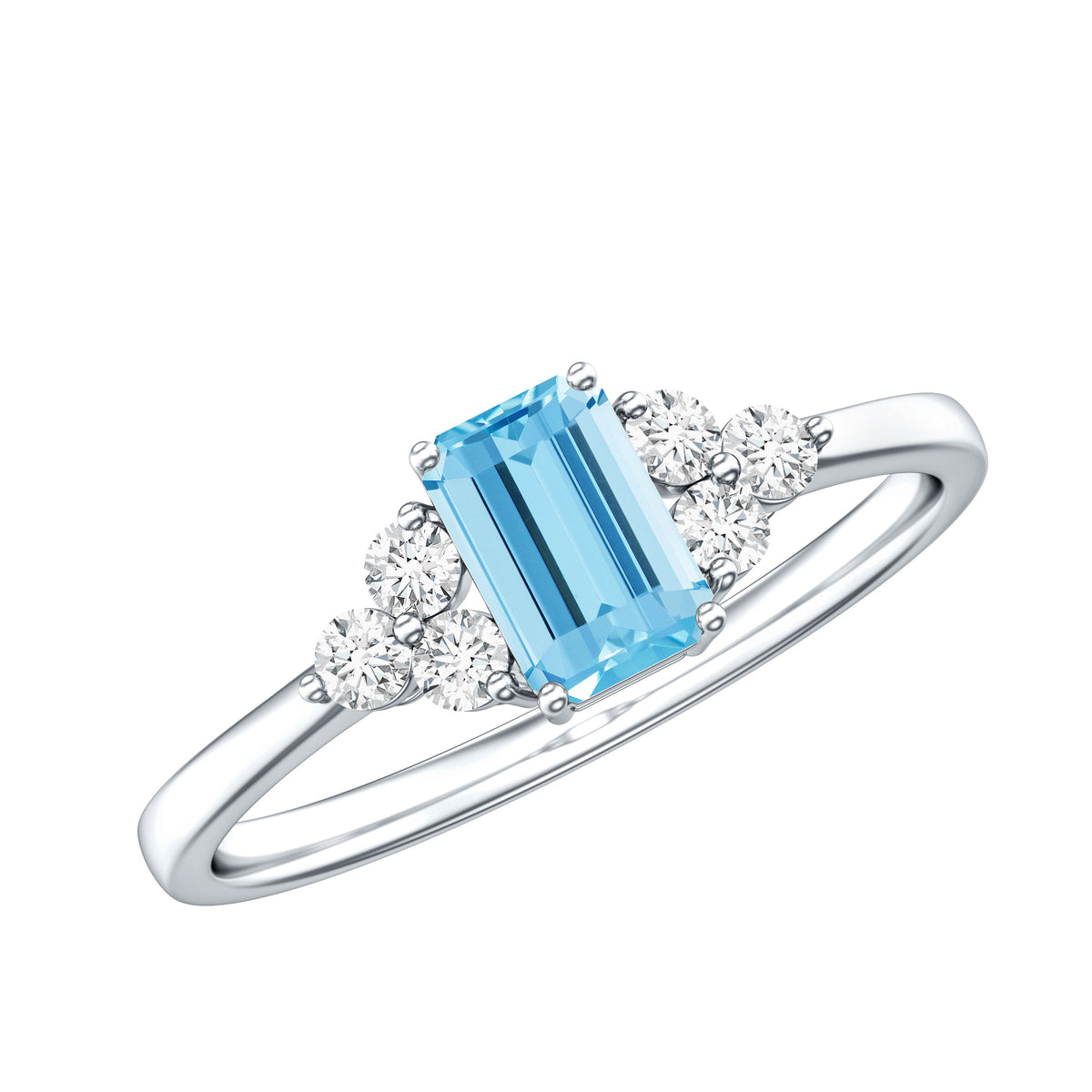 Aquamarine Emerald Cut Engagement Ring with Diamond Trio AAA - Rosec Jewels