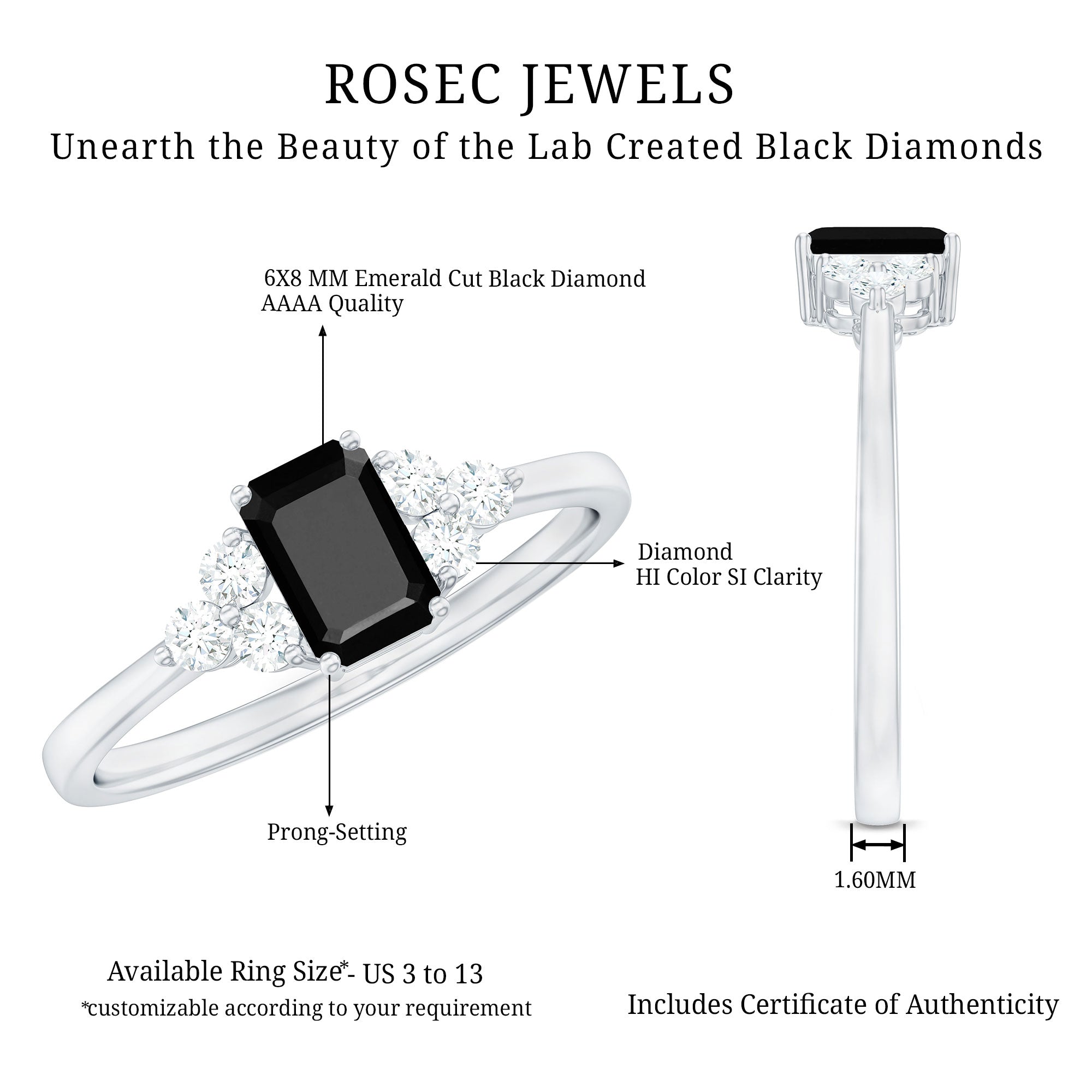 Emerald Cut Created Black Diamond Solitaire Ring with Diamond Trio AAAA ( Synthetic ) - Rosec Jewels