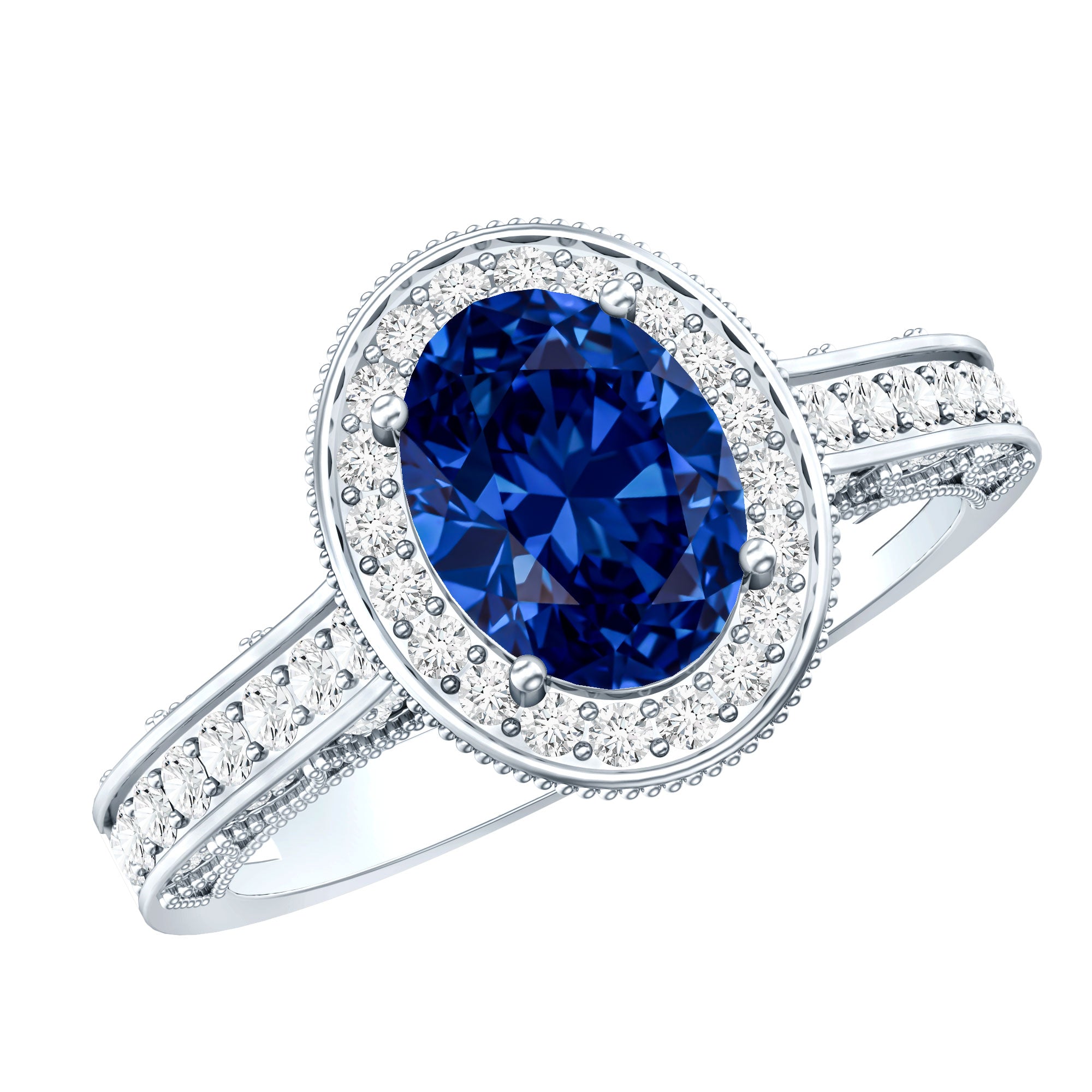 Certified 1.5 Carat Lab Grown Blue Sapphire Engagement Ring with Diamond Halo AAAA - Rosec Jewels