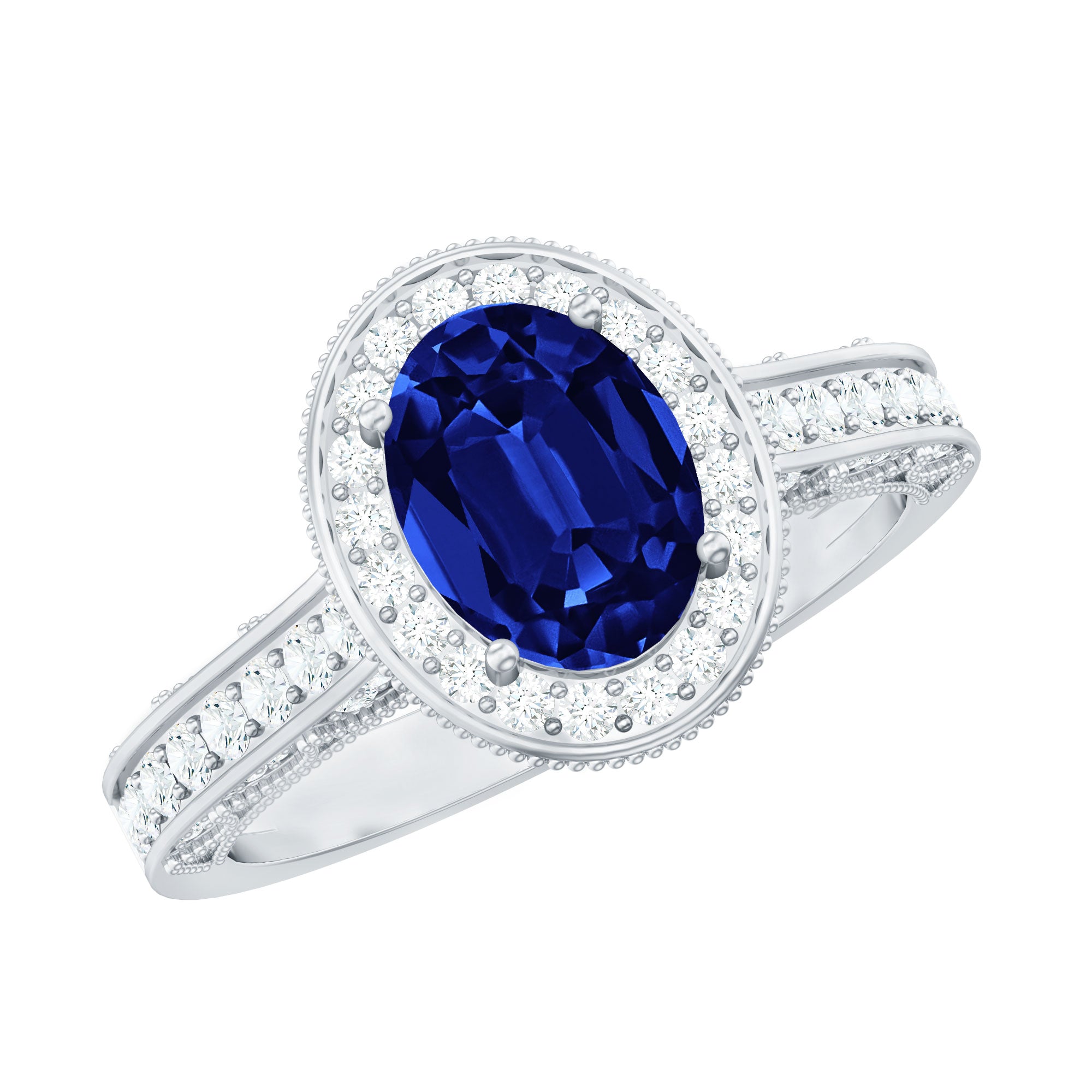 Certified 1.5 Carat Lab Grown Blue Sapphire Engagement Ring with Diamond Halo