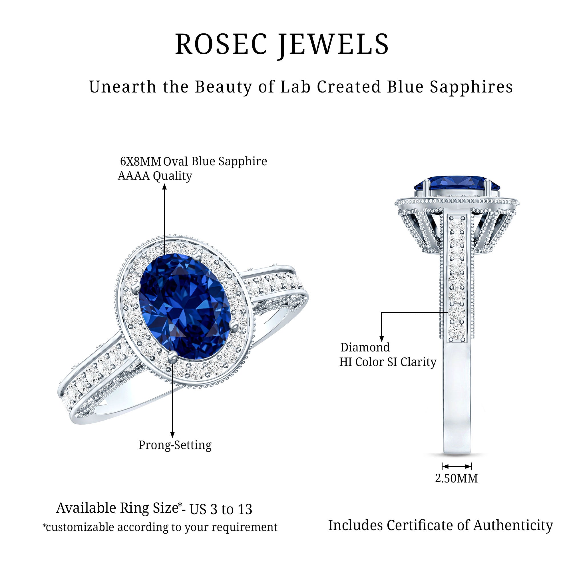 Certified 1.5 Carat Lab Grown Blue Sapphire Engagement Ring with Diamond Halo AAAA - Rosec Jewels