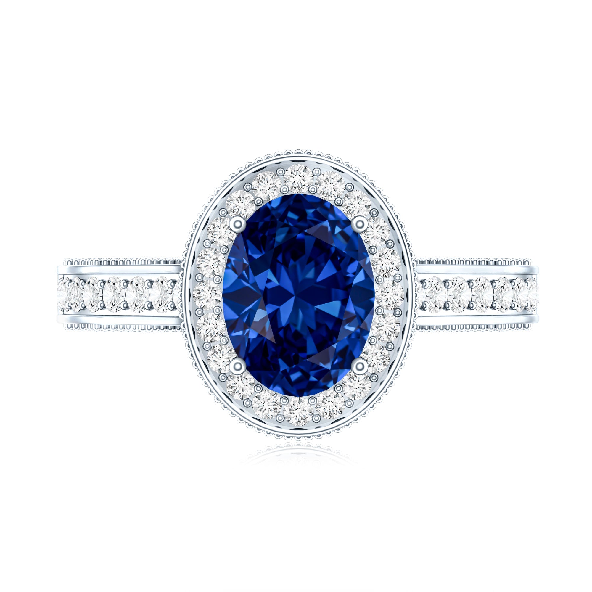 Certified 1.5 Carat Lab Grown Blue Sapphire Engagement Ring with Diamond Halo AAAA - Rosec Jewels