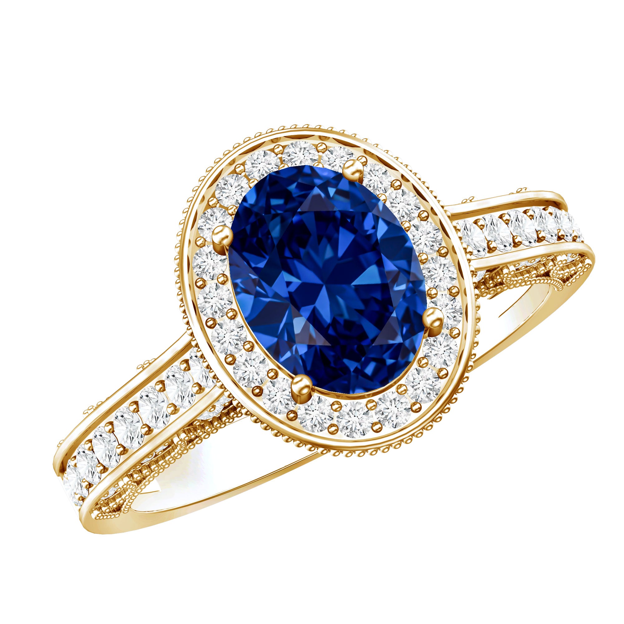 Certified 1.5 Carat Lab Grown Blue Sapphire Engagement Ring with Diamond Halo AAAA - Rosec Jewels
