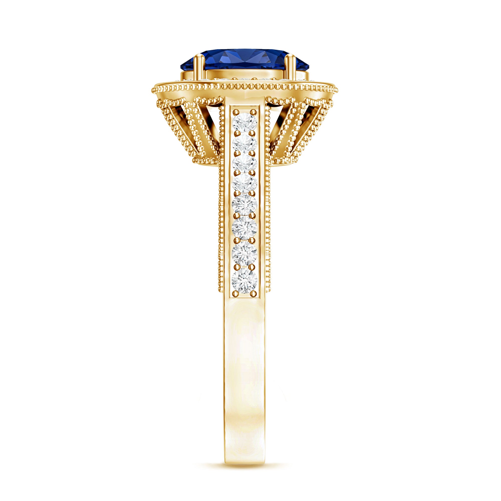 Certified 1.5 Carat Lab Grown Blue Sapphire Engagement Ring with Diamond Halo AAAA - Rosec Jewels