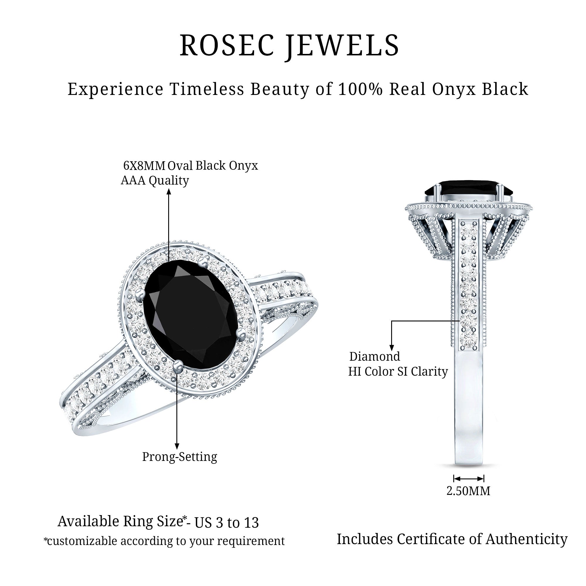 Vintage Inspired Black Onyx Oval Engagement Ring with Diamond Halo AAA - Rosec Jewels