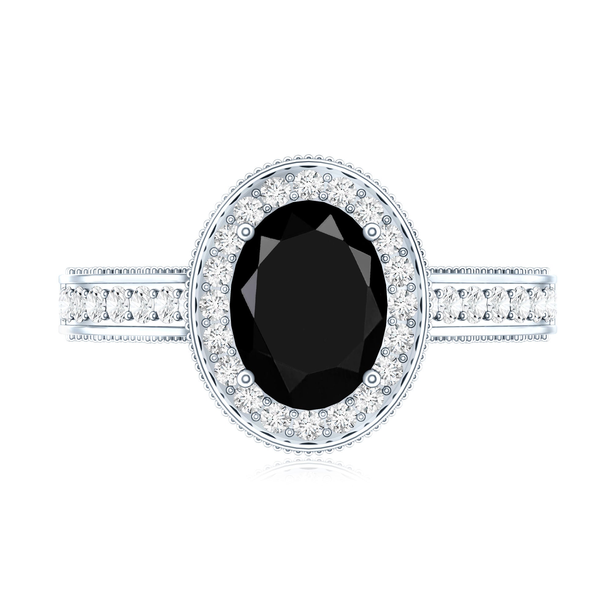 Vintage Inspired Black Onyx Oval Engagement Ring with Diamond Halo AAA - Rosec Jewels
