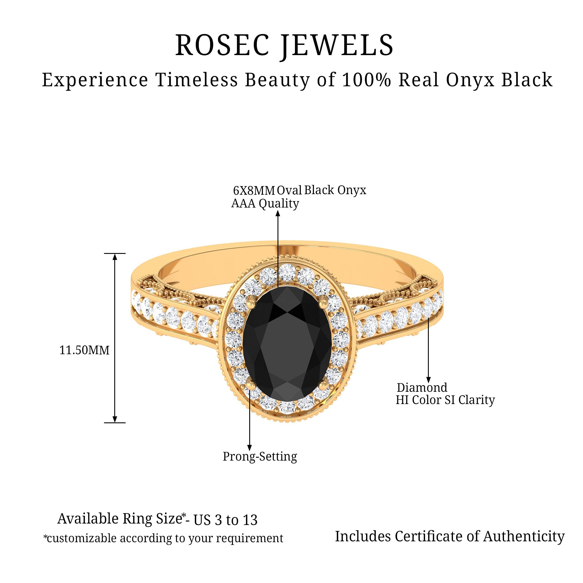 2 CT Black Onyx and Diamond Engagement Ring with Milgrain Details Black Onyx - ( AAA ) - Quality - Rosec Jewels