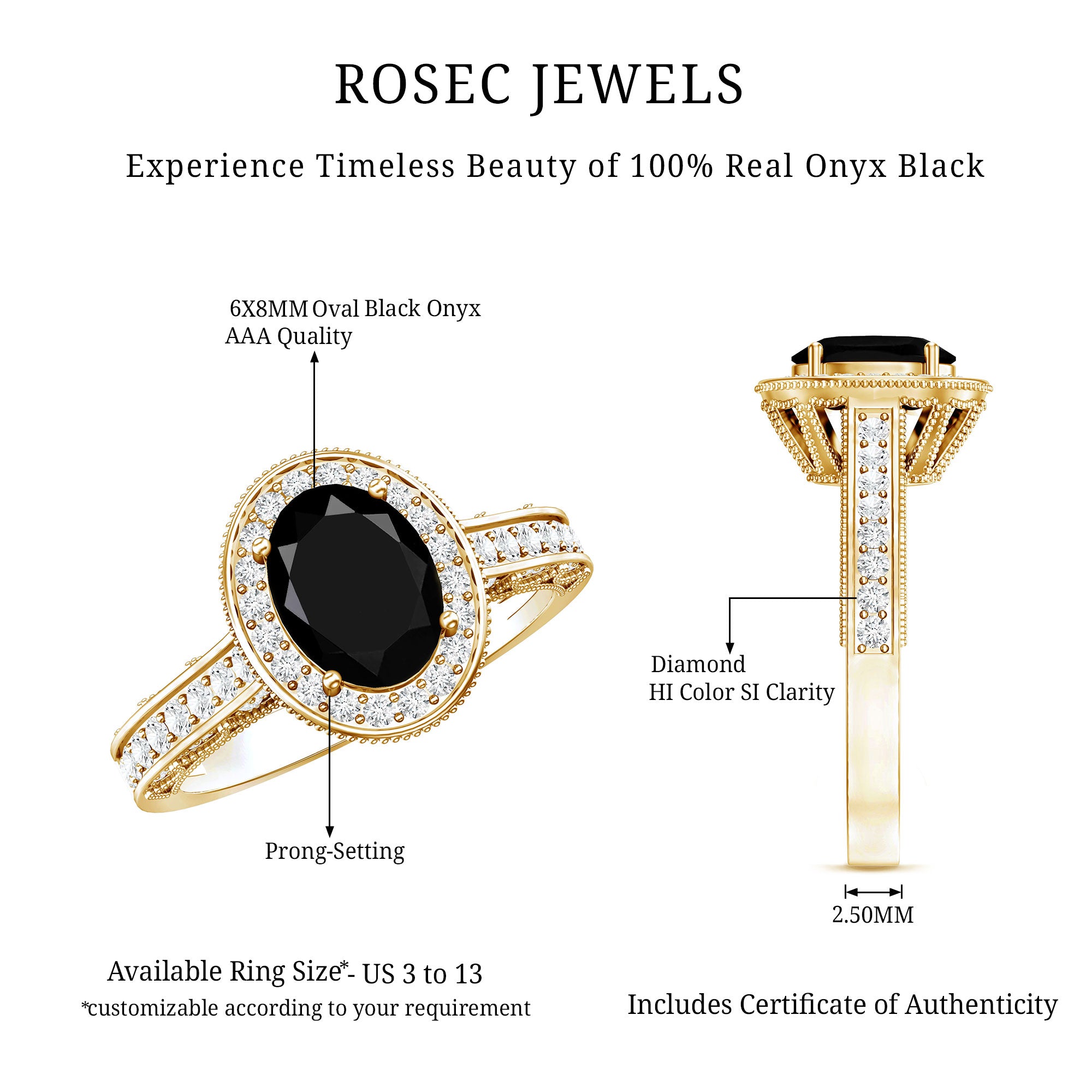 Vintage Inspired Black Onyx Oval Engagement Ring with Diamond Halo AAA - Rosec Jewels