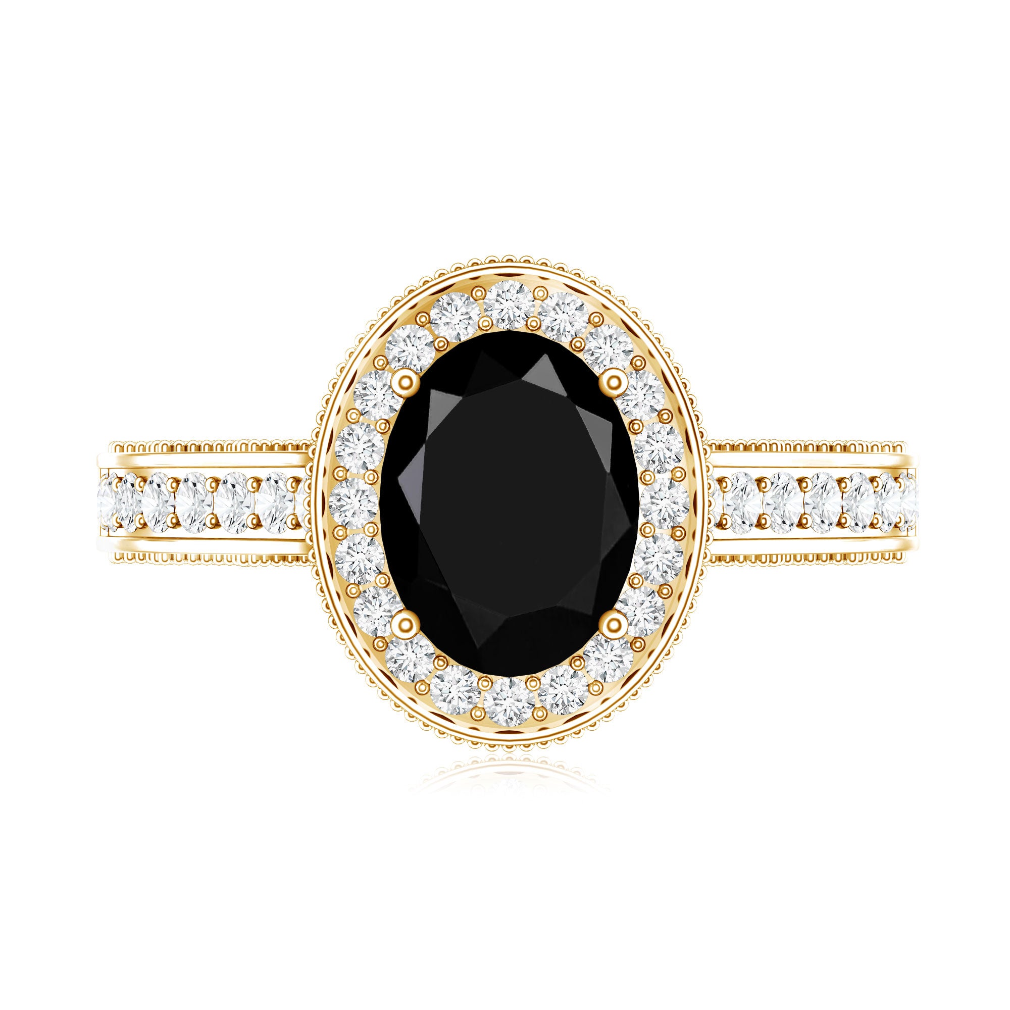 Vintage Inspired Black Onyx Oval Engagement Ring with Diamond Halo AAA - Rosec Jewels