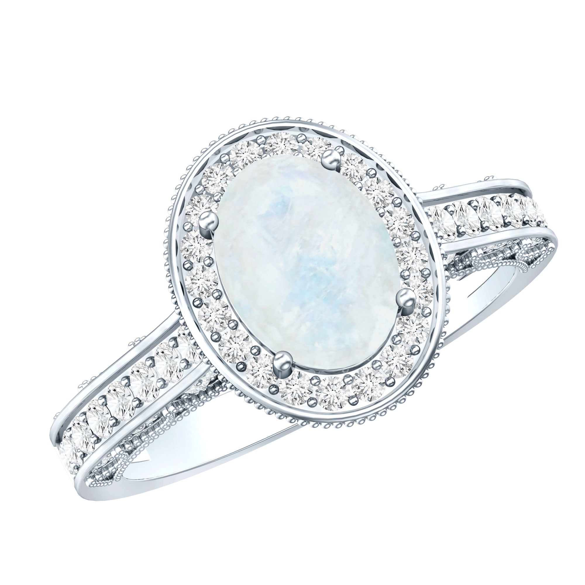 0.6 Carat Moonstone and Diamond Engagement Ring with Milgrain Details AAA - Rosec Jewels