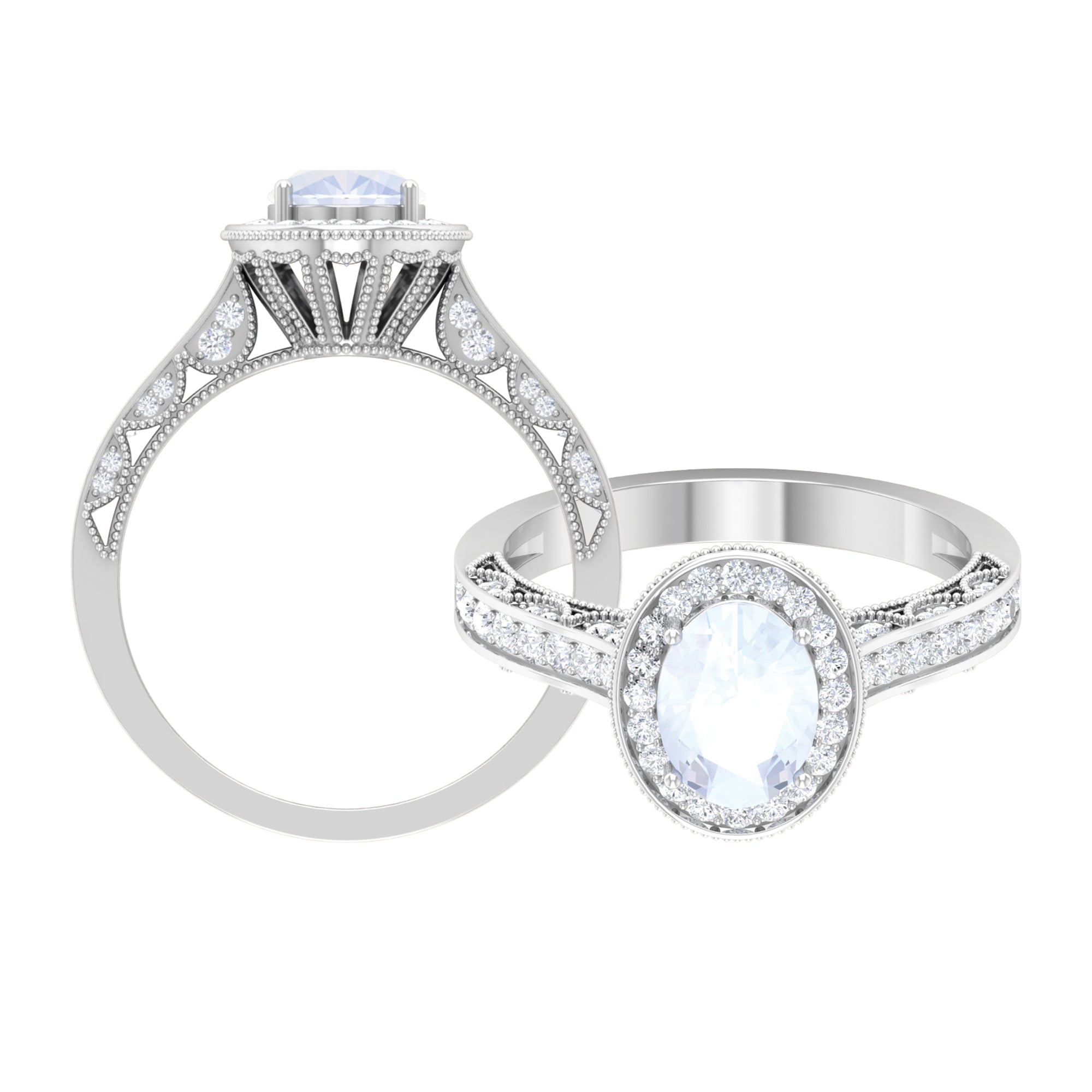 1.50 CT Moonstone and Diamond Engagement Ring with Milgrain Details