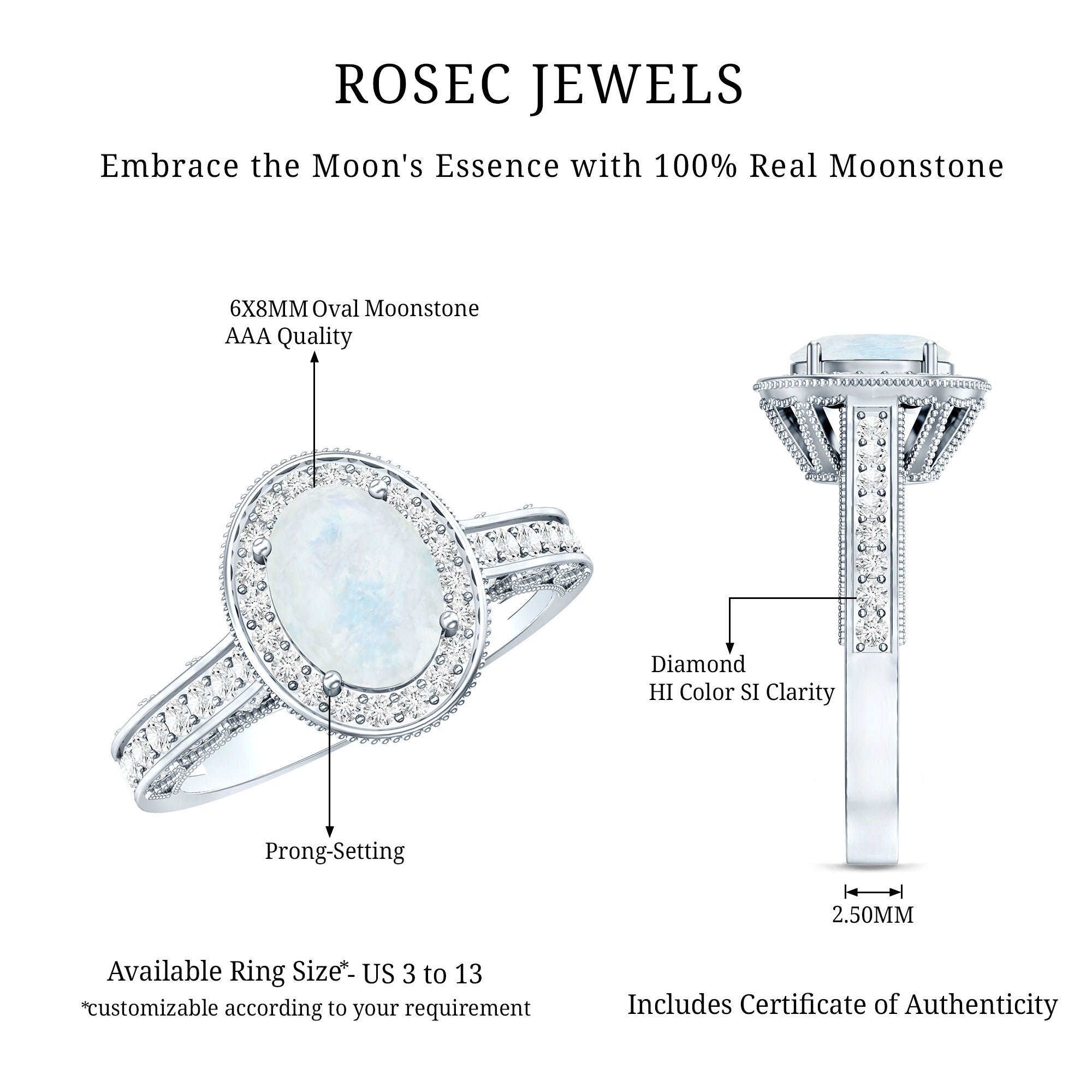 0.6 Carat Moonstone and Diamond Engagement Ring with Milgrain Details AAA - Rosec Jewels