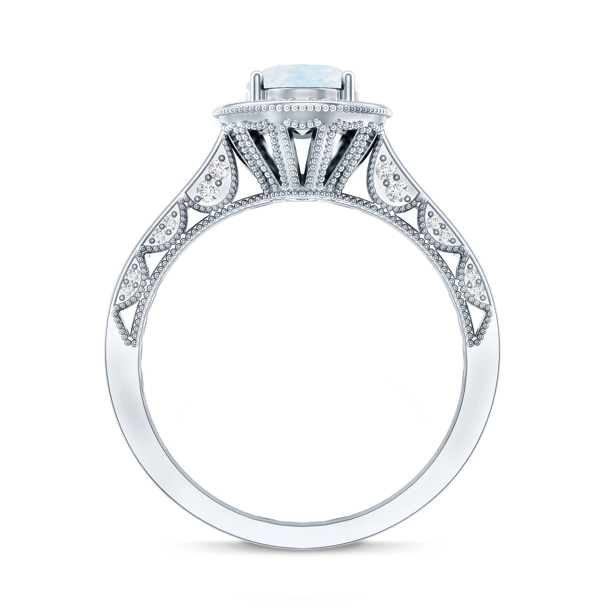 0.6 Carat Moonstone and Diamond Engagement Ring with Milgrain Details AAA - Rosec Jewels