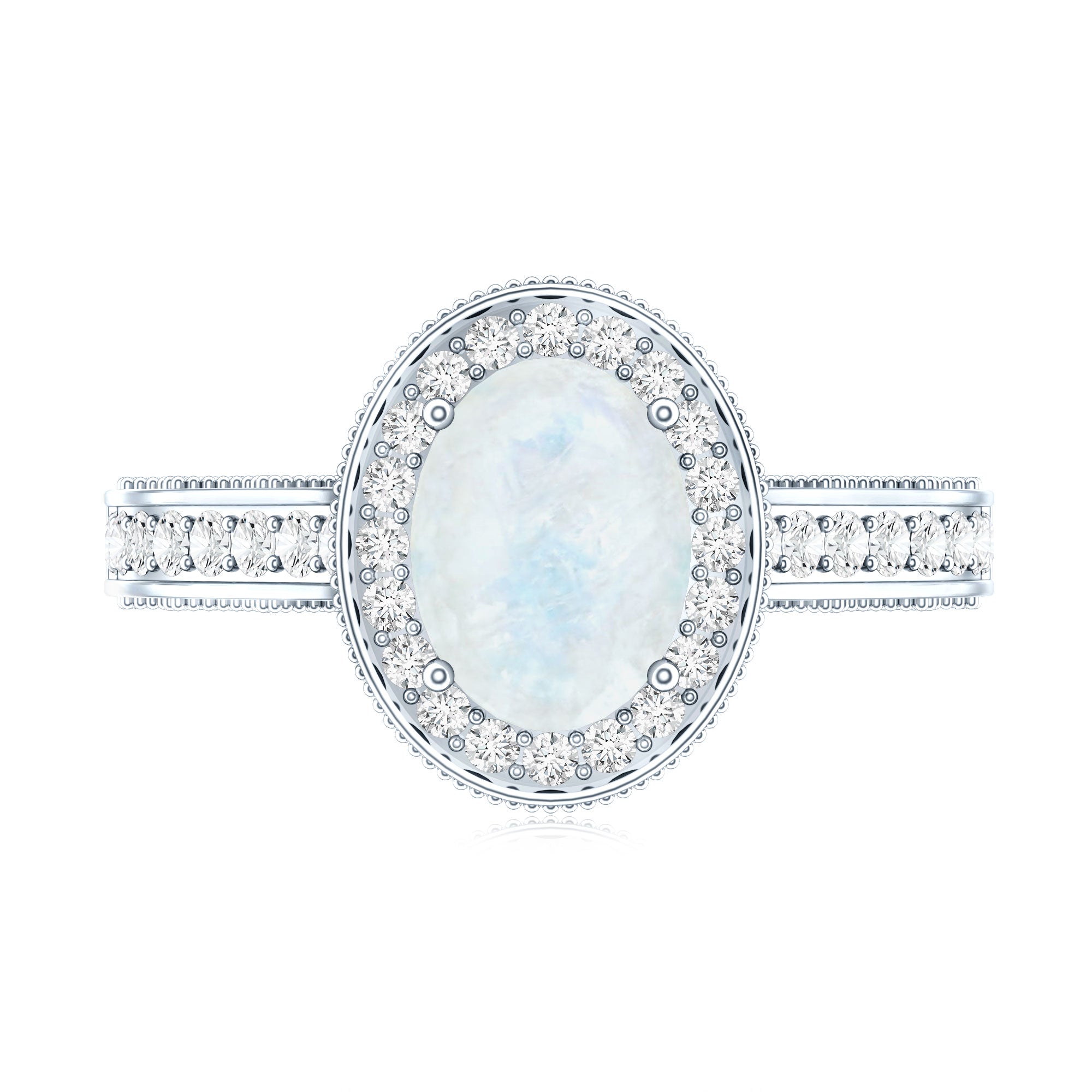 0.6 Carat Moonstone and Diamond Engagement Ring with Milgrain Details AAA - Rosec Jewels