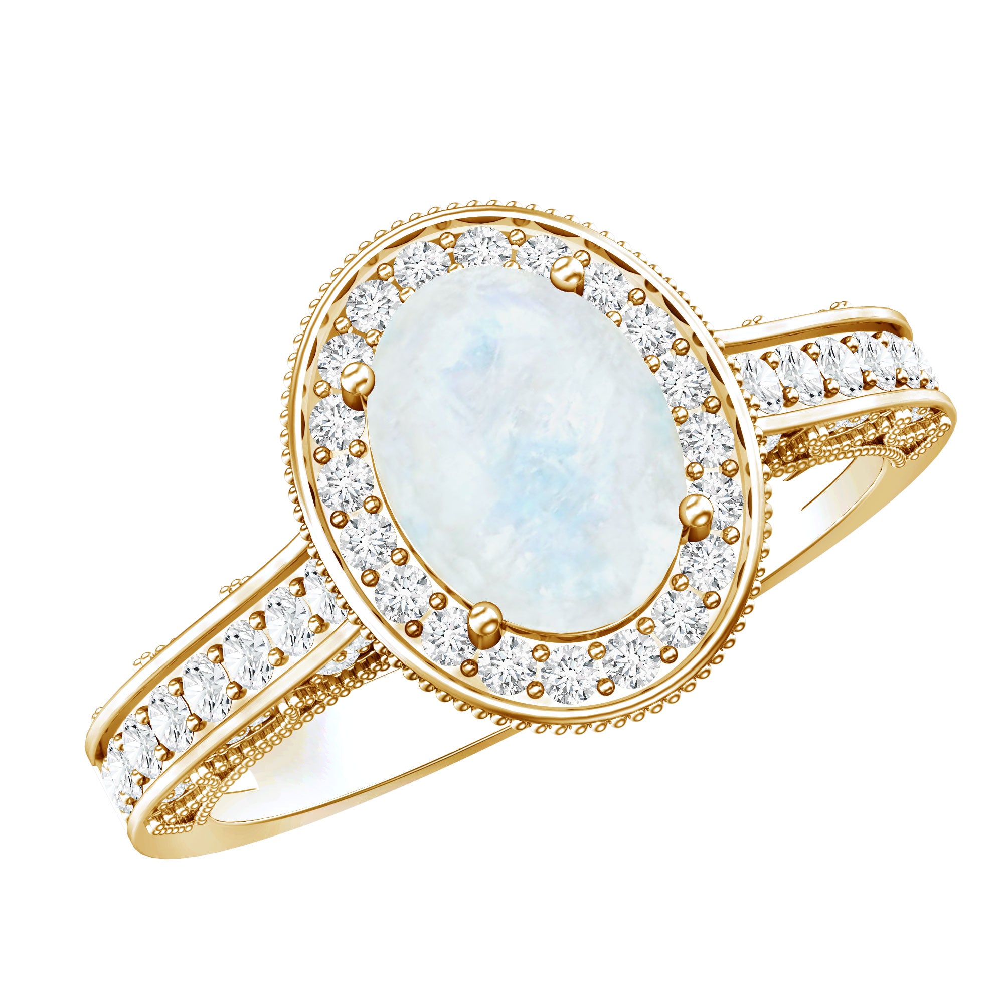0.6 Carat Moonstone and Diamond Engagement Ring with Milgrain Details AAA - Rosec Jewels