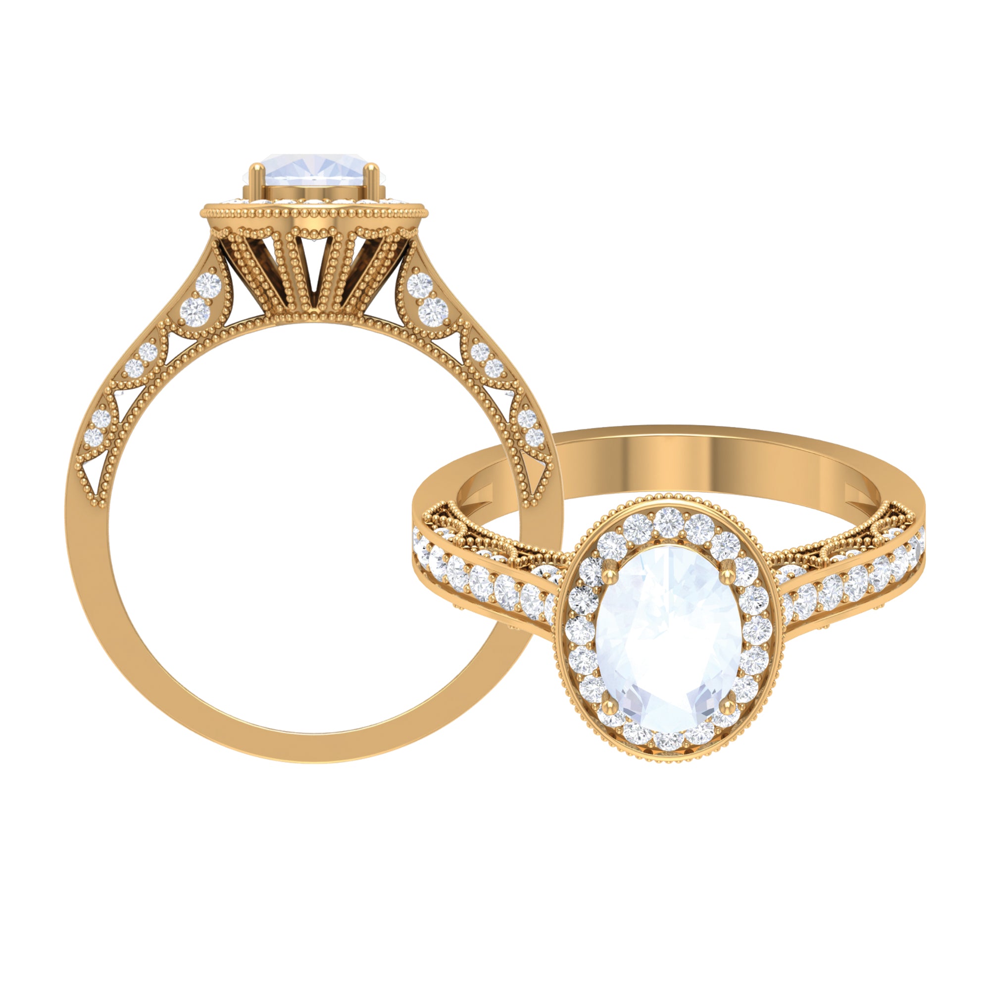 1.50 CT Moonstone and Diamond Engagement Ring with Milgrain Details AAA - Rosec Jewels