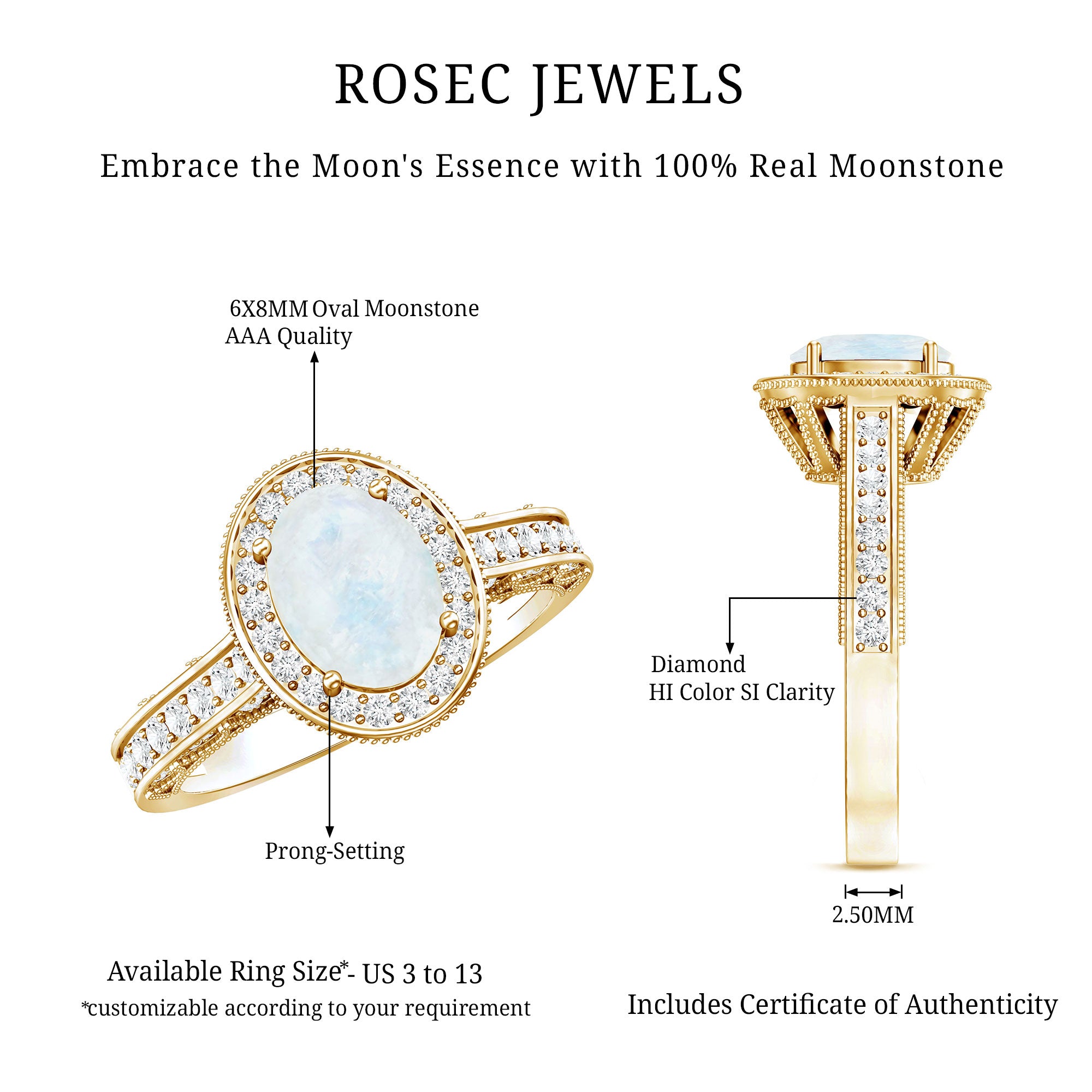 0.6 Carat Moonstone and Diamond Engagement Ring with Milgrain Details AAA - Rosec Jewels