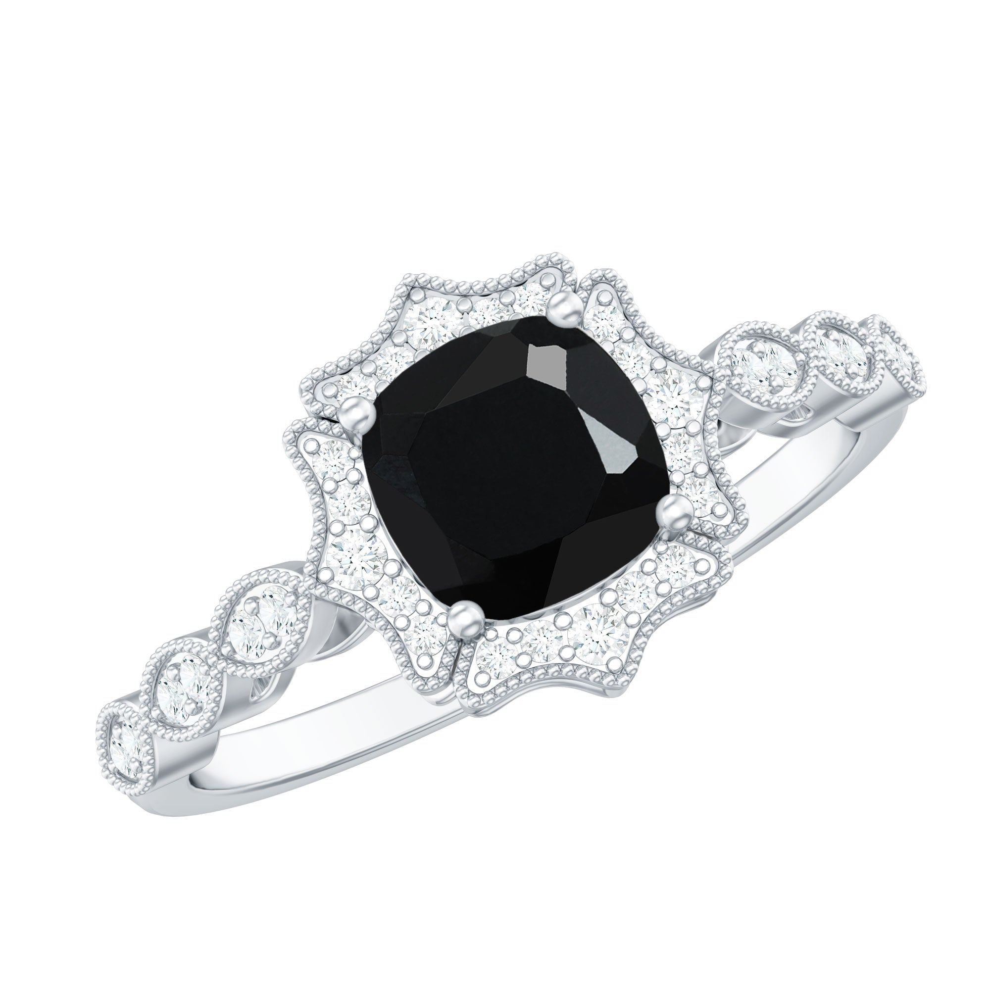 Vintage Inspired Black Onyx and Diamond Halo Engagement Ring AAA - Rosec Jewels
