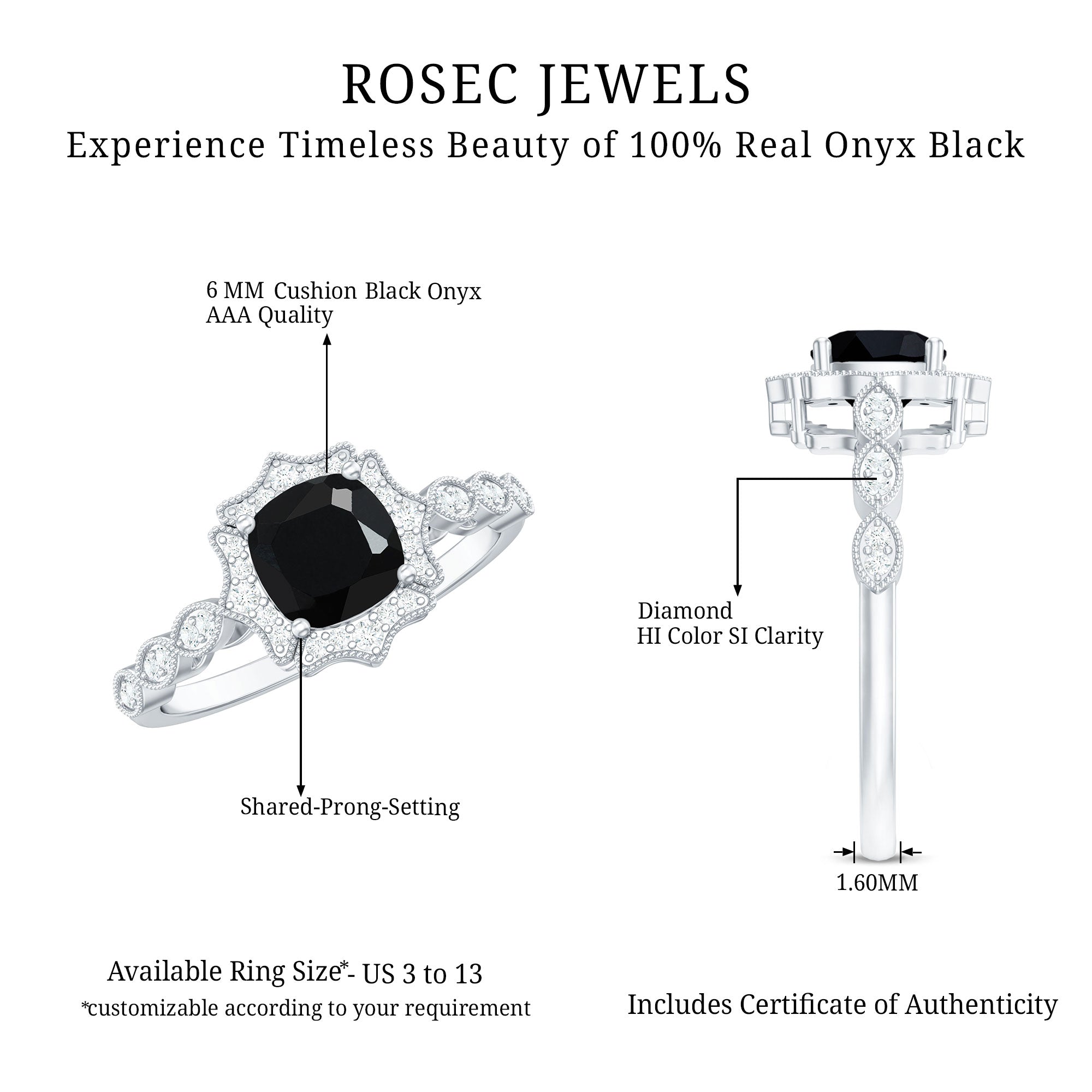 Vintage Inspired Black Onyx and Diamond Halo Engagement Ring AAA - Rosec Jewels