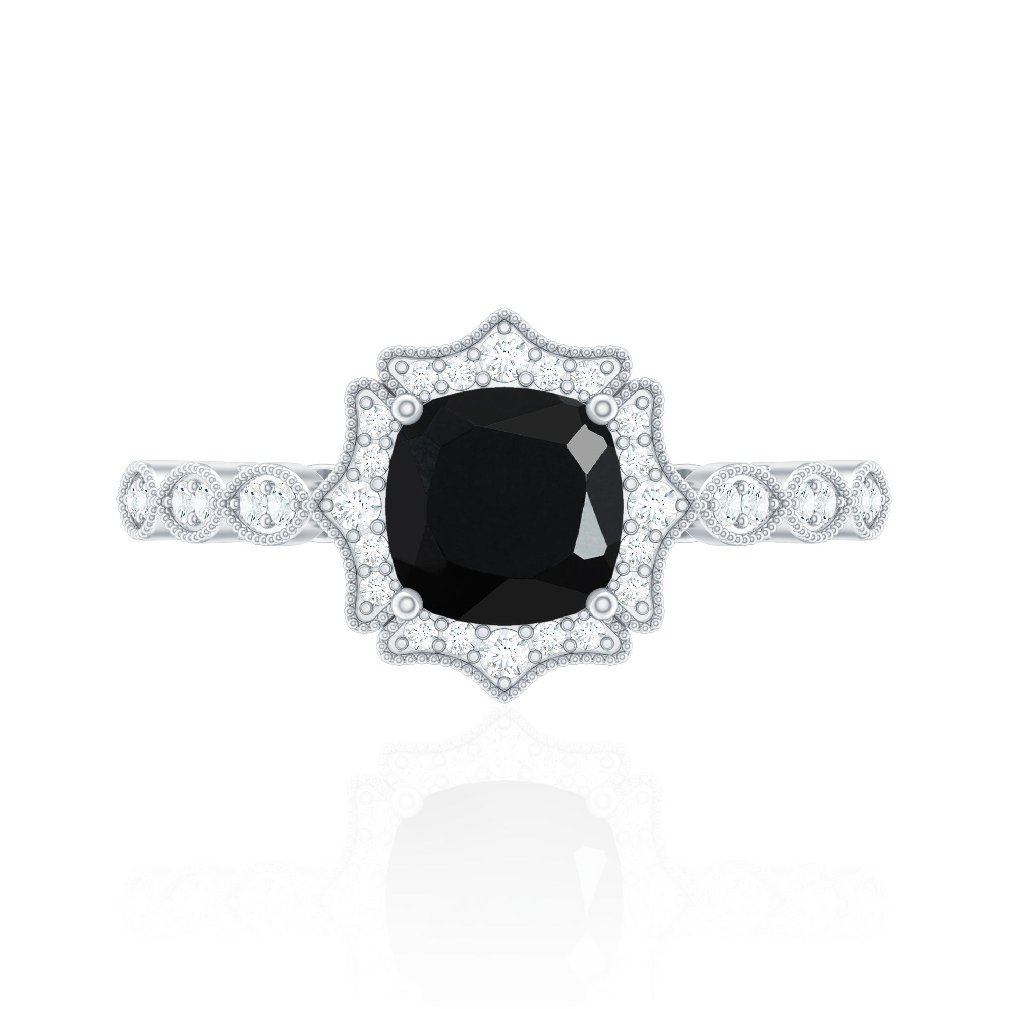 Vintage Inspired Black Onyx and Diamond Halo Engagement Ring AAA - Rosec Jewels