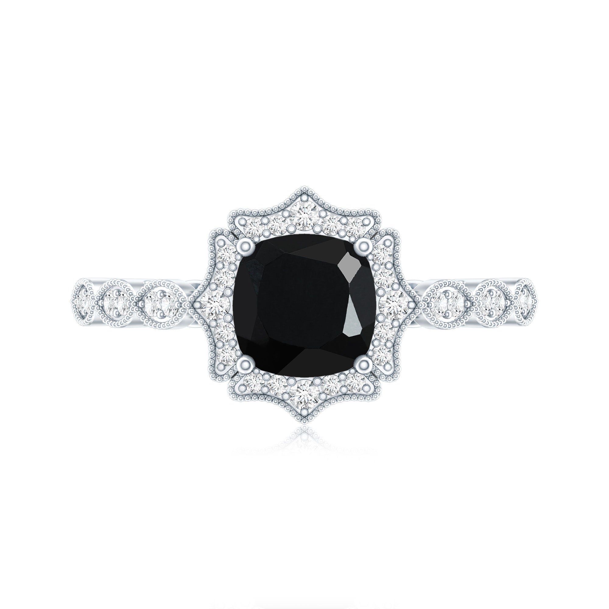 Vintage Inspired Black Onyx and Diamond Halo Engagement Ring AAA - Rosec Jewels