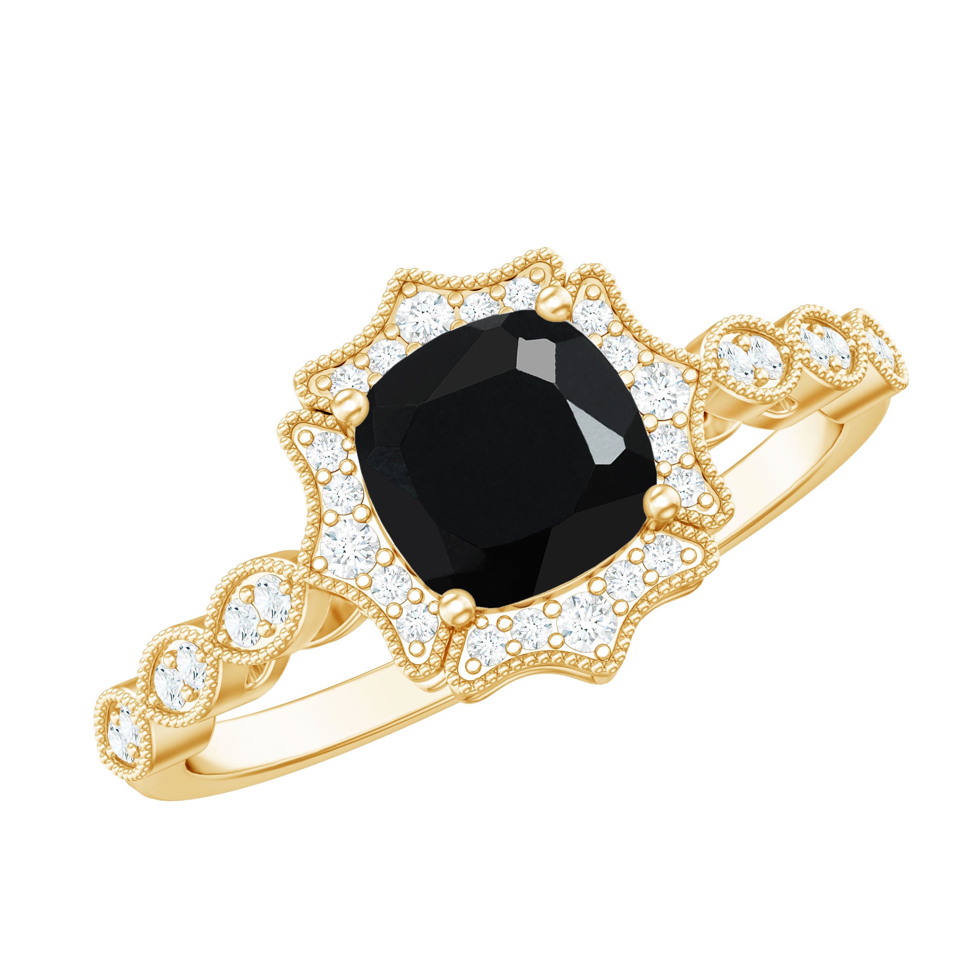 Vintage Inspired Black Onyx and Diamond Halo Engagement Ring AAA - Rosec Jewels