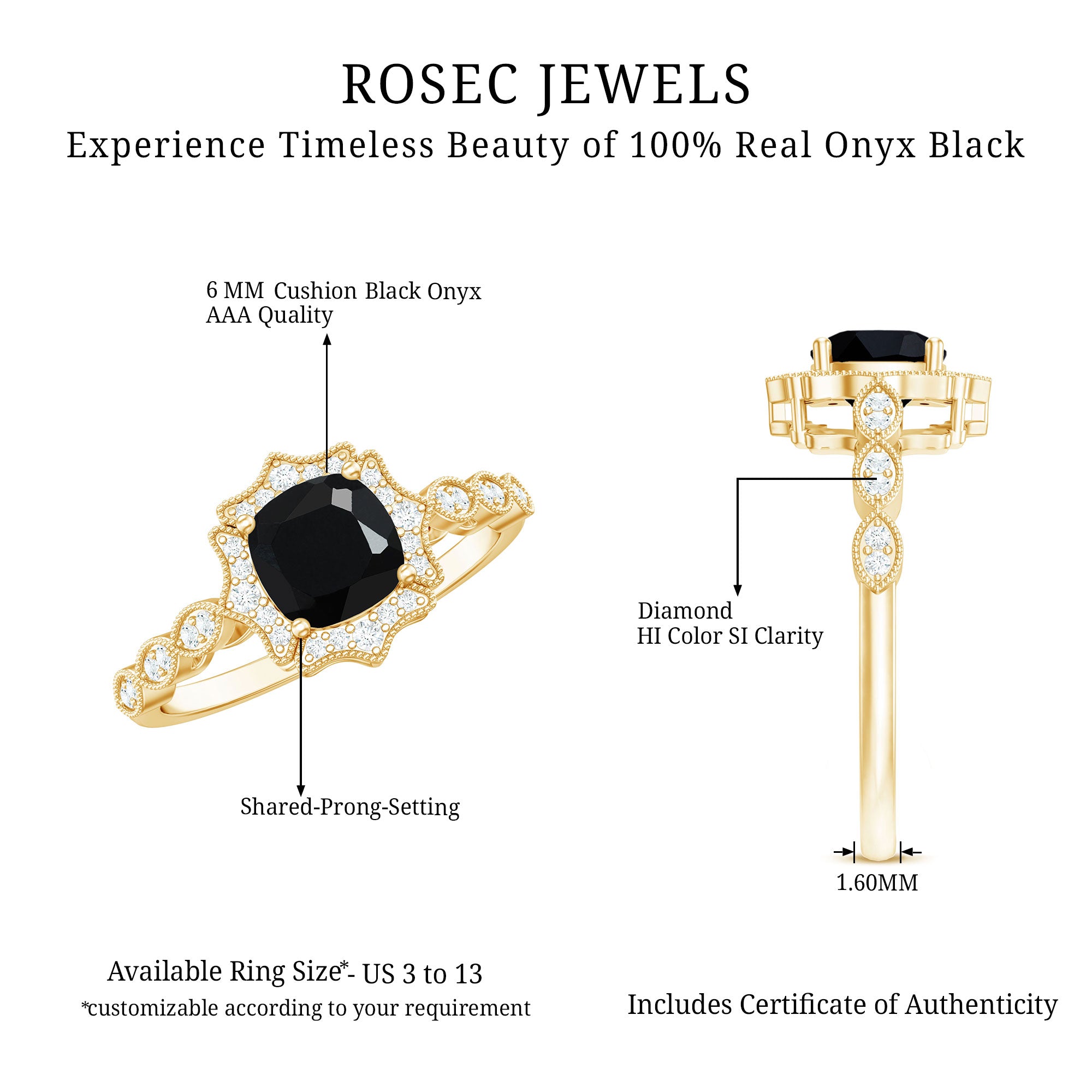 Vintage Inspired Black Onyx and Diamond Halo Engagement Ring AAA - Rosec Jewels
