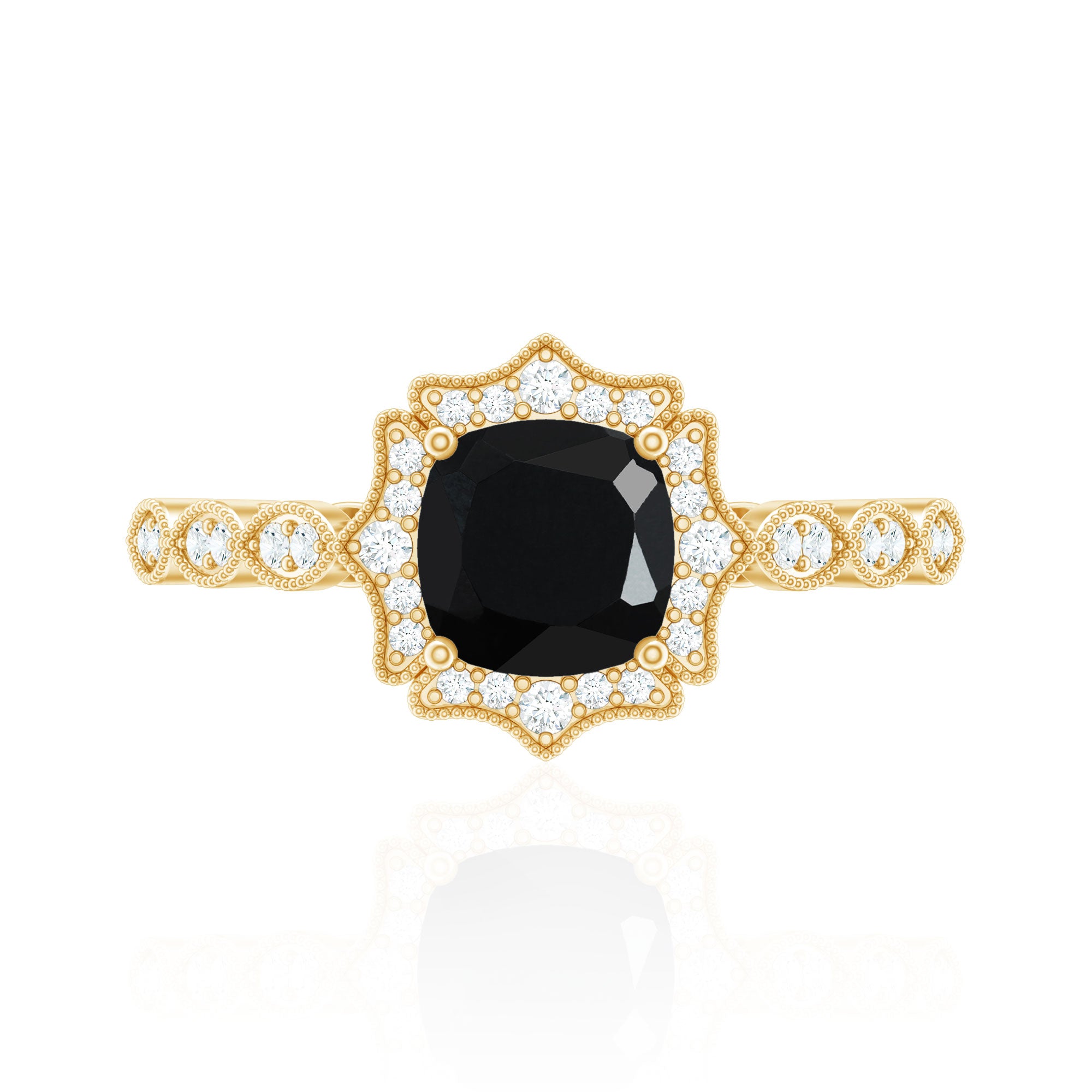 Vintage Inspired Black Onyx and Diamond Halo Engagement Ring AAA - Rosec Jewels