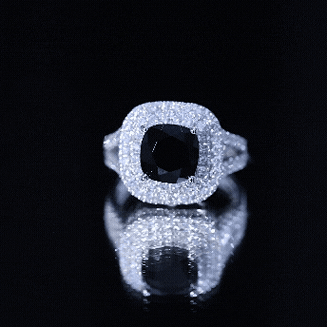 Vintage Style Cushion Cut Black Onyx and Diamond Double Halo Engagement Ring AAA - Rosec Jewels