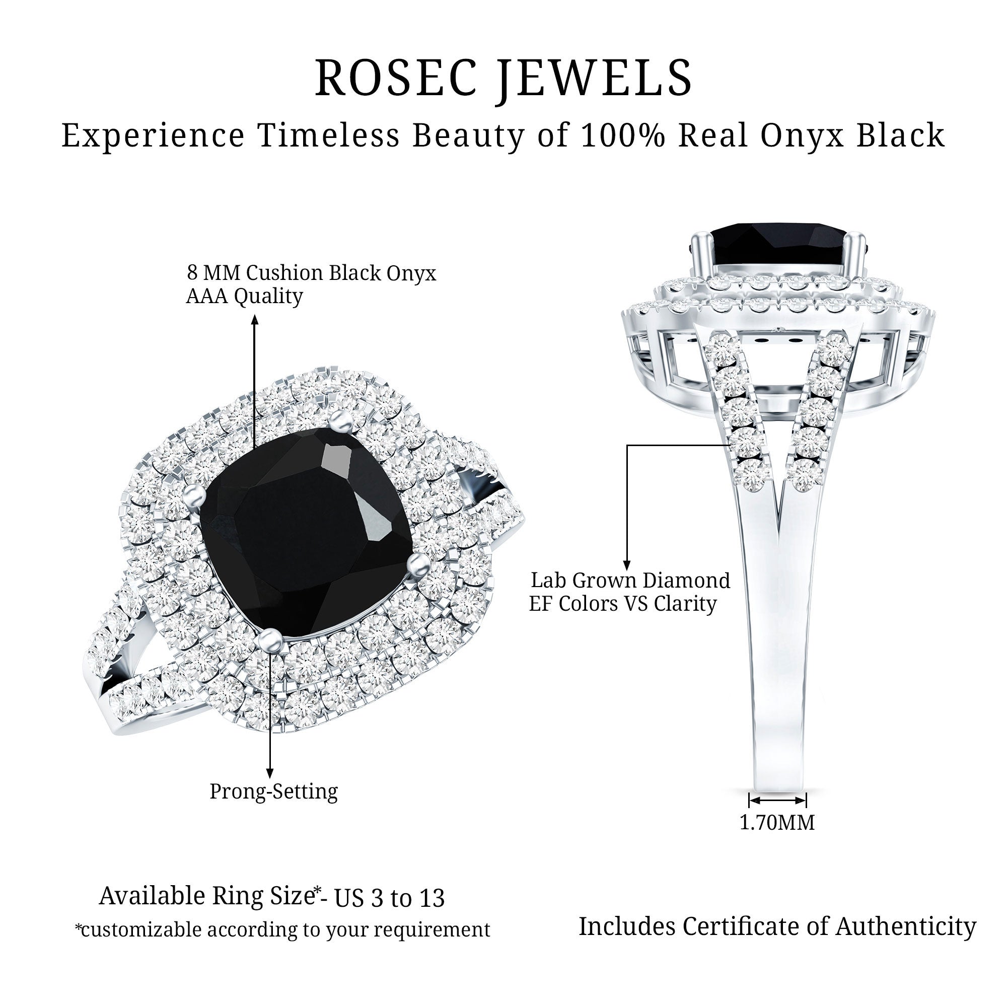 Vintage Style Cushion Cut Black Onyx and Diamond Double Halo Engagement Ring AAA - Rosec Jewels